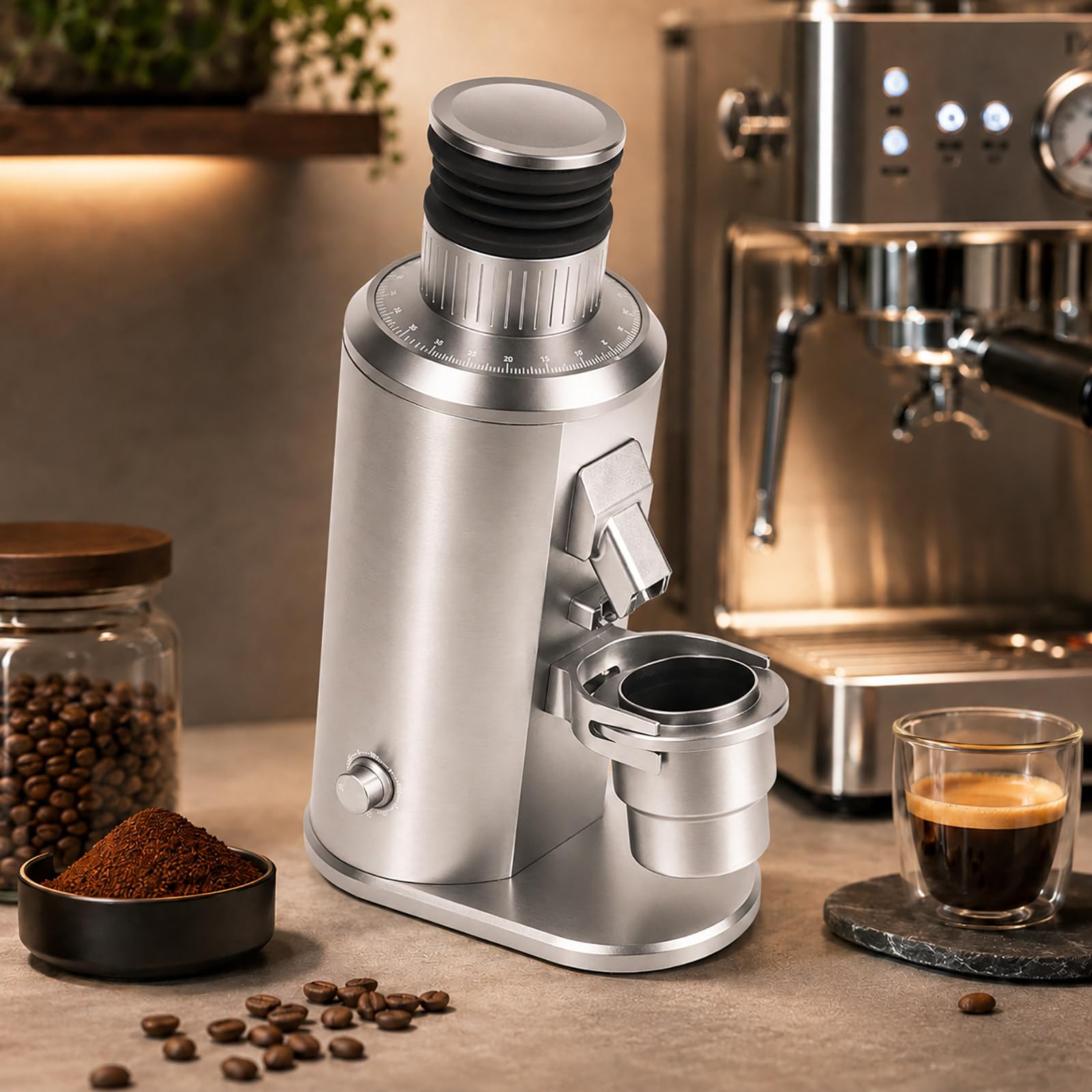 vnmudzeo 80mm Commercial Coffee Grinder - Espresso Flat Burr Mill with 70g Bellows Hopper, 0-100 Grind Dial, 58mm Portafilter Holder and Dosing Cup Silver