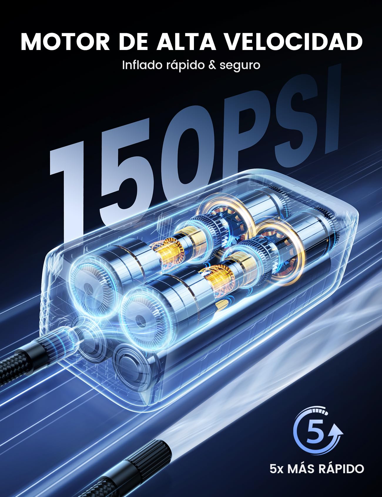 Lamicall Bomba de Bicicleta, Compresor Aire Portatil - [150 PSI Inflación Rápida & Parada Automática] Inflador Rueda con HD Pantalla LED y Luz de Emergencia, con Boquillas para Coche/Bici/Moto/Pelota
