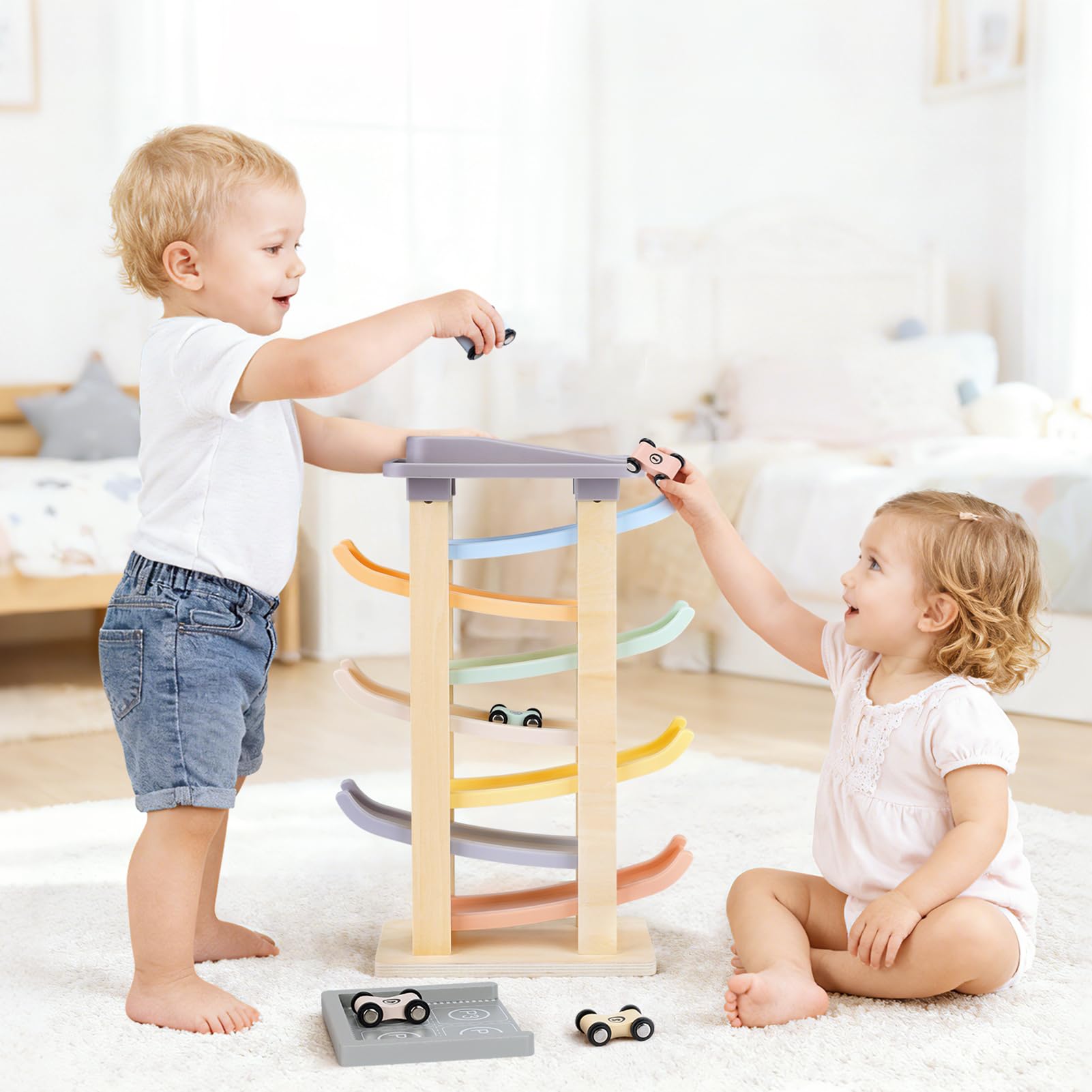 Joyreal Montessori drewniana zabawka dla niemowląt od 1, 2, 3 roku życia, zabawka samochodowa, zabawka dla dzieci, prezent na 1. urodziny, dla chłopców i dziewczynek