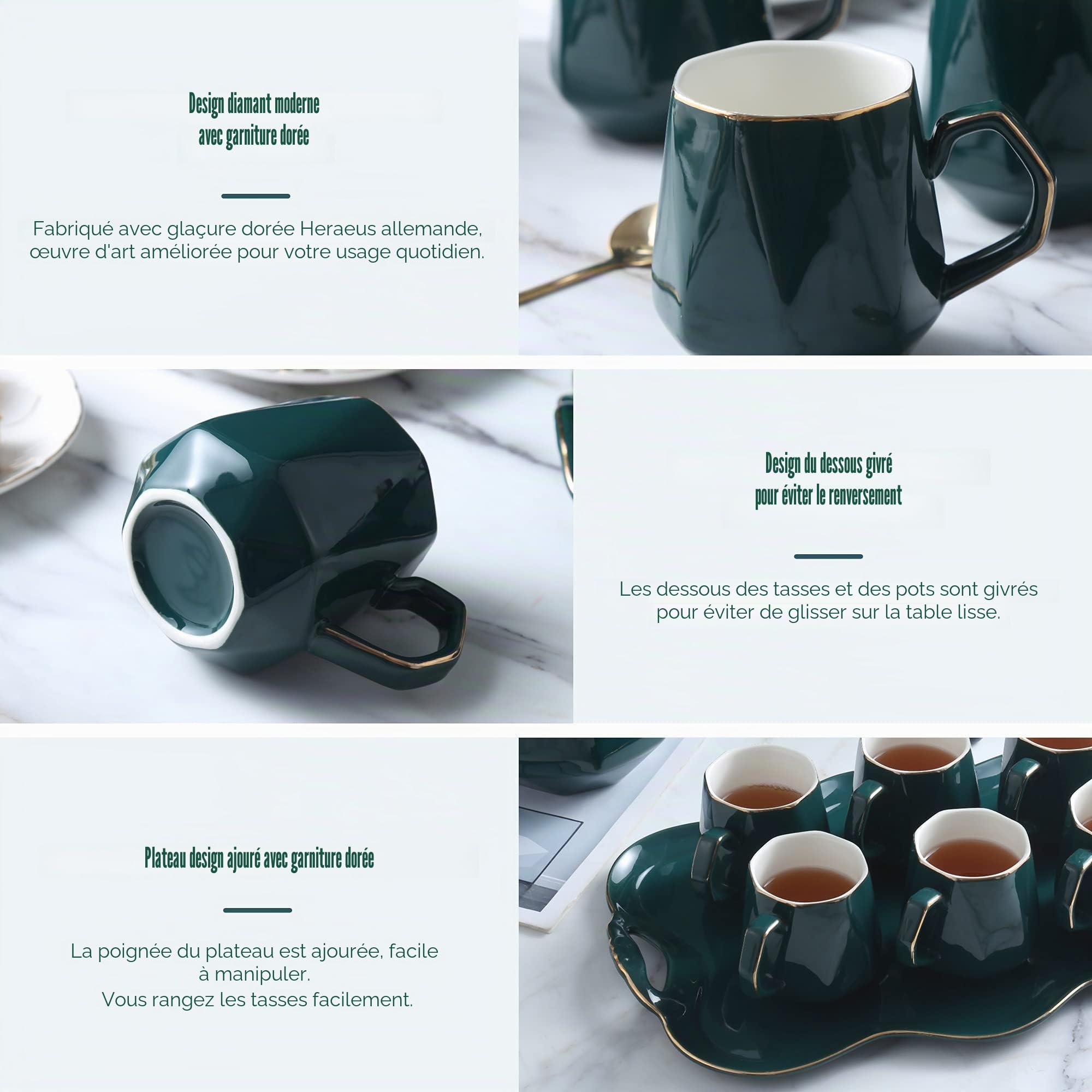 DUJUST Service à Thé 14 Pièces de 6 avec Plateau à Thé et Cuillères, Ensemble de Tasses à Thé/Café Design Diamant Moderne avec Garniture Dorée, Ensemble Théière/Thé en Oorcelaine - Vert
