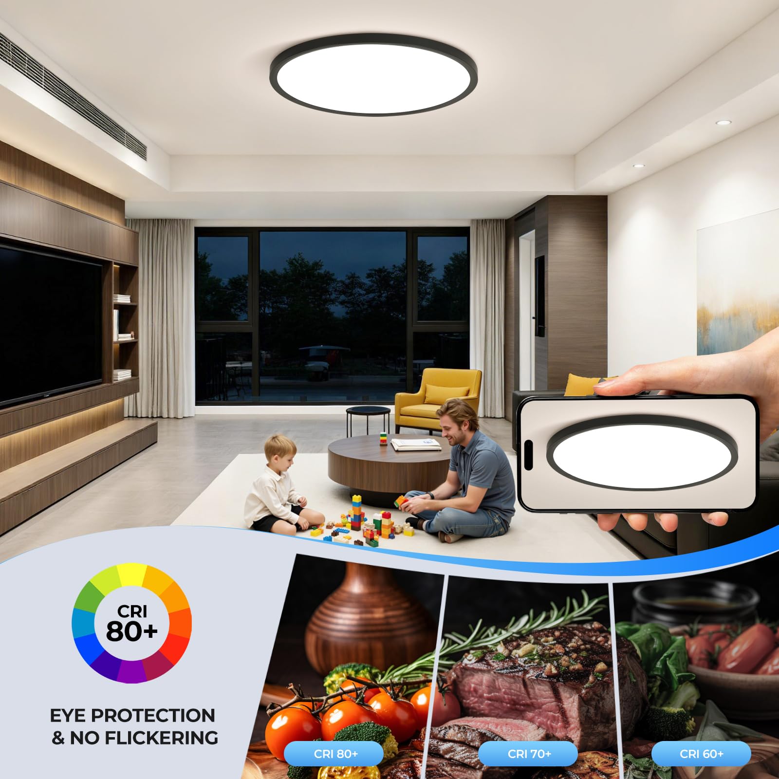 OTREN Lampa sufitowa LED do ściemniania 56 W, 5600 lm, z pilotem, trybem nocnym i funkcją pamięci, czarna 3000 K - 6500 K, wodoodporna IP44, do salonu, biura, kuchni i sypialni, 60 cm