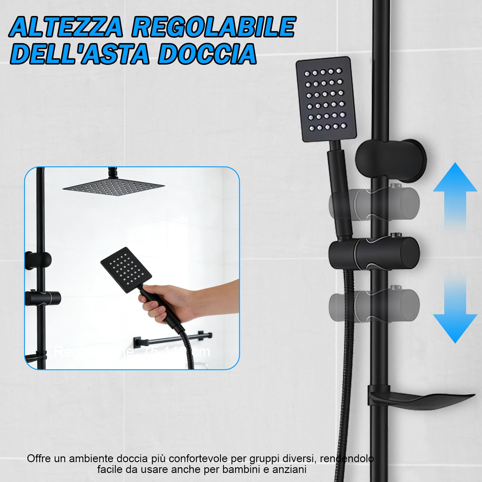 Colonna Doccia Senza Miscelatore 92cm, Set Doccia con Soffione Quadrato e Doccetta in Acciaio Inox, Asta Saliscendi Doccia Regolabile, Installazione Divisa