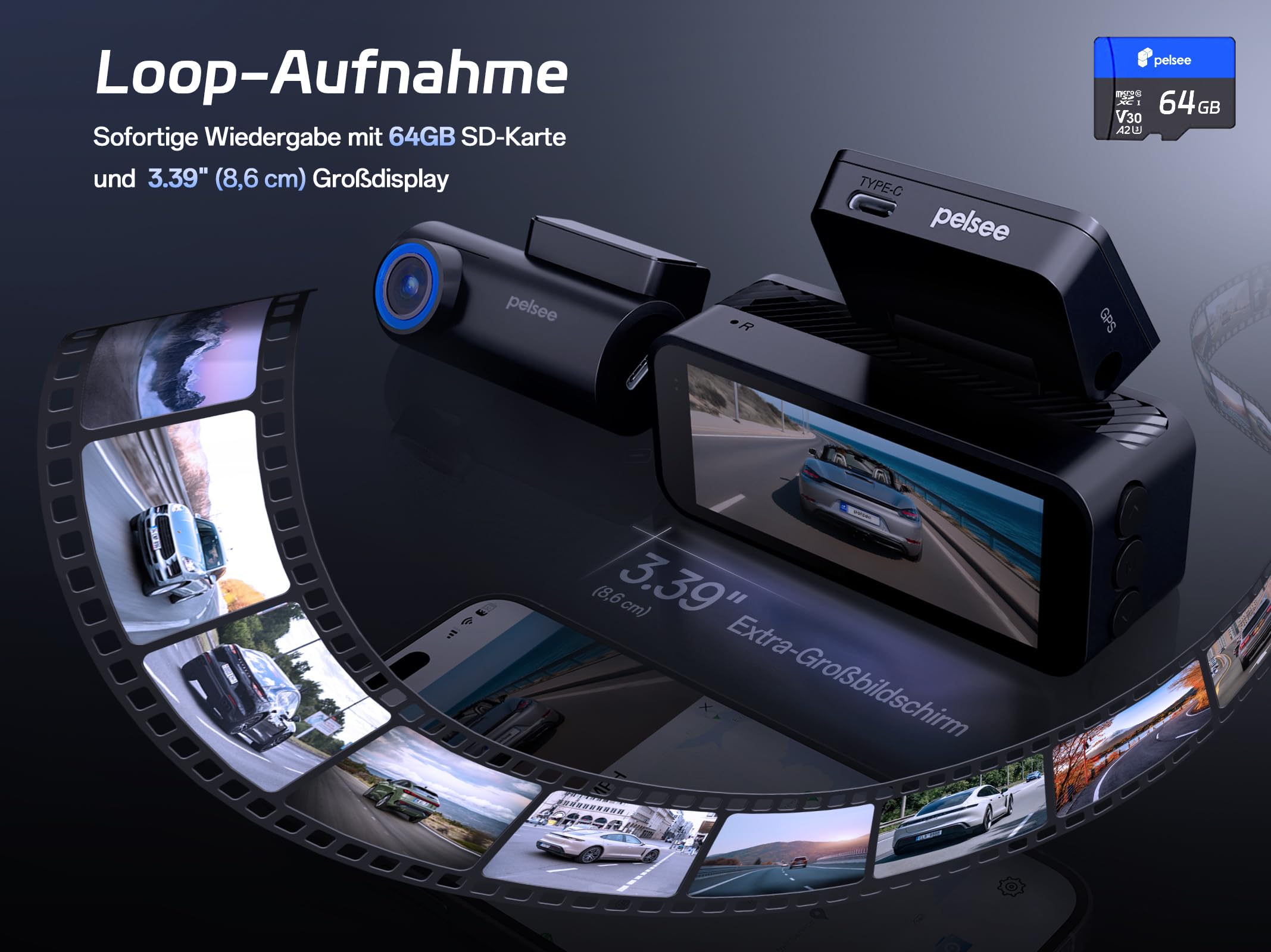 Pelsee 4K Dashcam Auto Vorne Hinten mit STARVIS 2 Sensor, 3.39'' IPS Display dashcam Auto mit 24H Parküberwachung, 5.8GHz WiFi, HDR WDR, ADAS, GPS, Vollfarben-Nachtsicht mit WiFi, 64GB SD Karte
