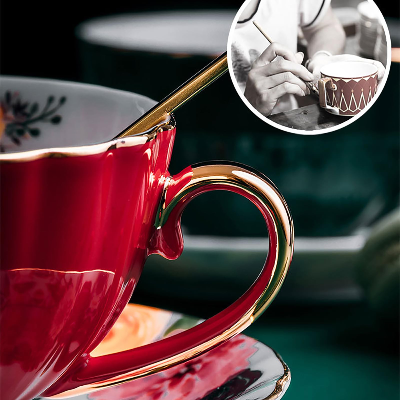 Juego de Tazas y platillos de té de Porcelana China de 2,200 ml,Taza de café con diseño Floral,Taza de café con Leche y Capuchino,Taza de té de Porcelana con platillos y Cuchara, A