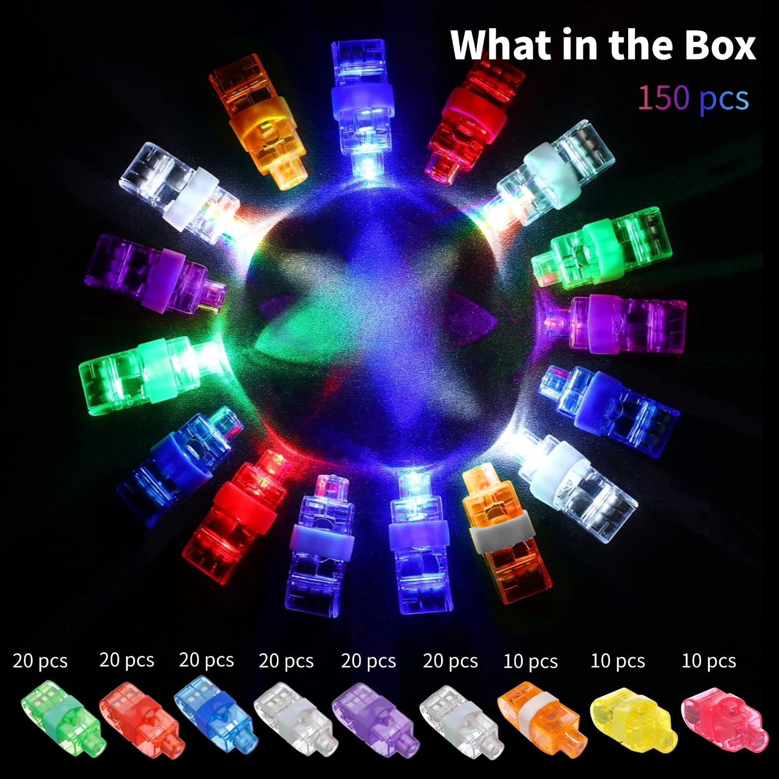Finger-LED-Lichter, 9 Farbmodi, batteriebetriebene Mini-Fingerlampen, beleuchtetes Ringspielzeug für Glühpartys, Raves, Konzertshows, 150 Stück