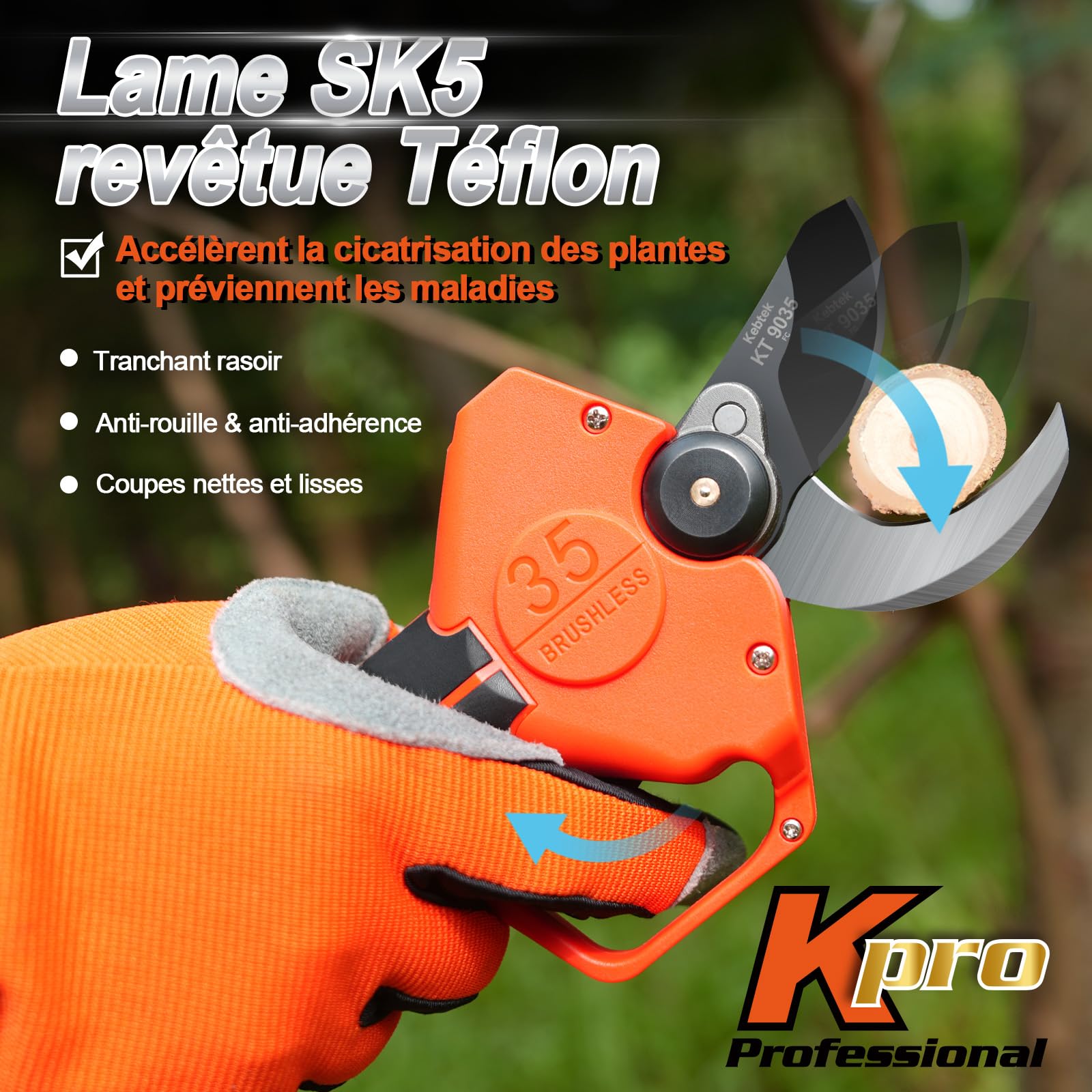 Kebtek 9035 Coupe-branches sans fil léger 35 mm Ciseaux électriques de jardin 21 V 4000 mAh Batterie Ciseaux de jardin professionnels compatibles avec rallonge manche télescopique ciseaux à buis
