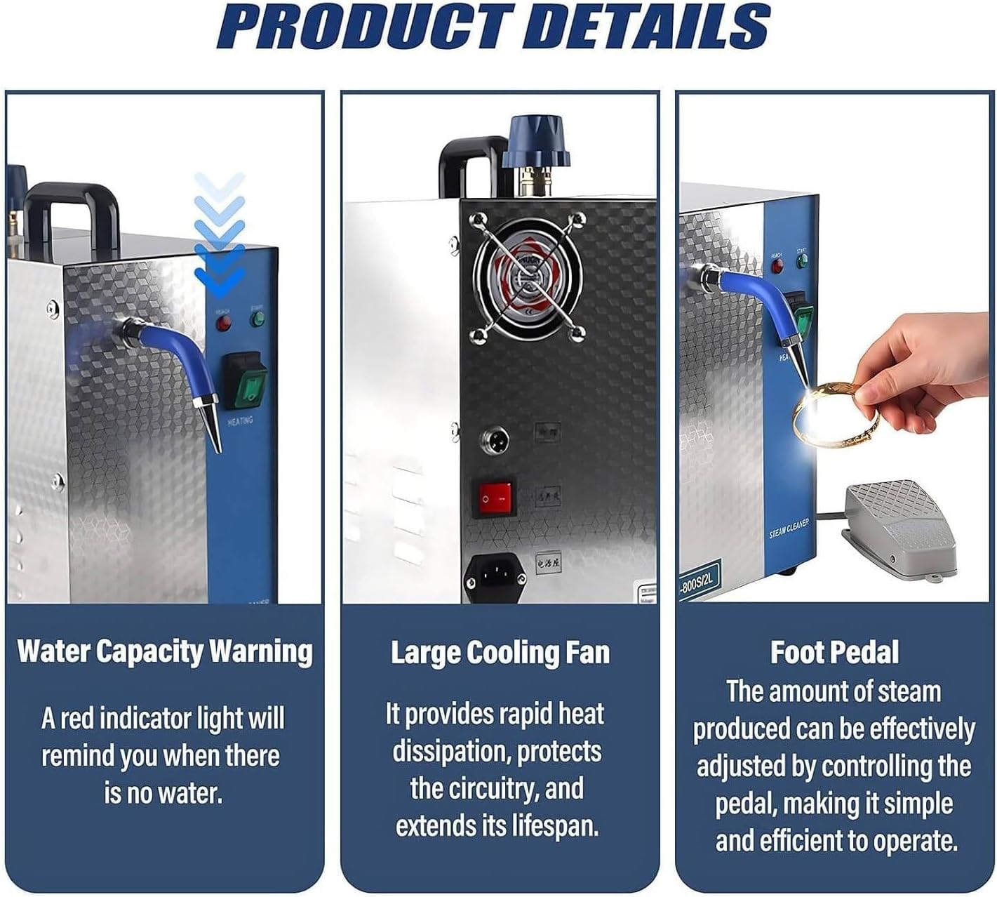 Pulitore a vapore per gioielli, 1300 W/2200 W, vaporizzatore ad alta pressione in acciaio inox, 2 l/4 l per casa, auto e negozi di gioielli. (4L)