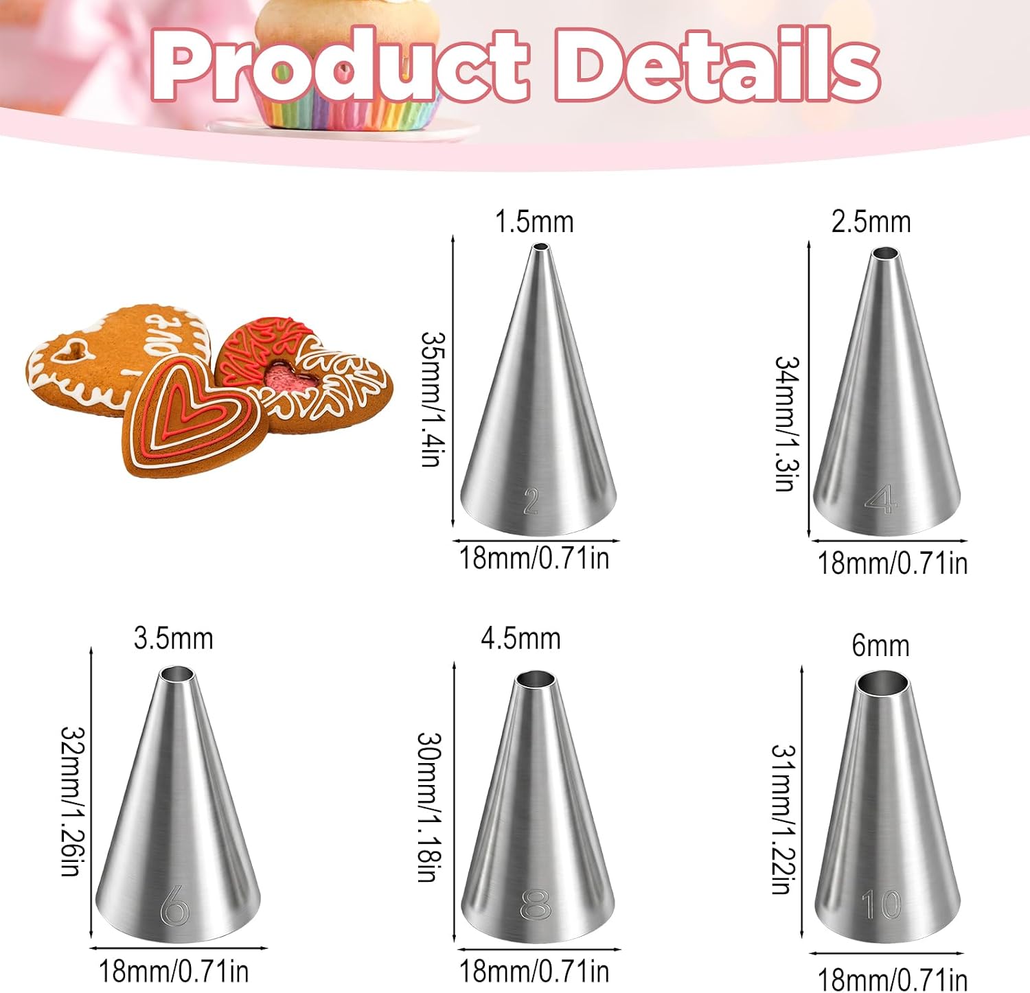 Amabro 20Pcs Round Piping Tips Set, Stainless Steel Cream Cake Piping Tip