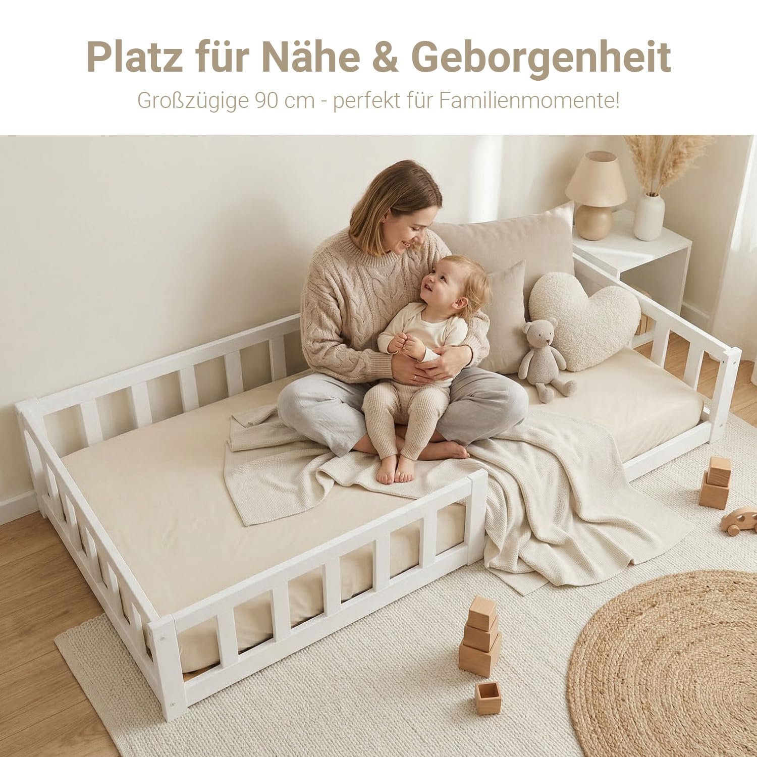 Homestyle4u Bodenbett 90x200 Kinderbett mit Rausfallschutz Weiß | Montessori Kleinkindbett aus massivem Kiefernholz Lattenrost inklusive, Matratze nicht enthalten