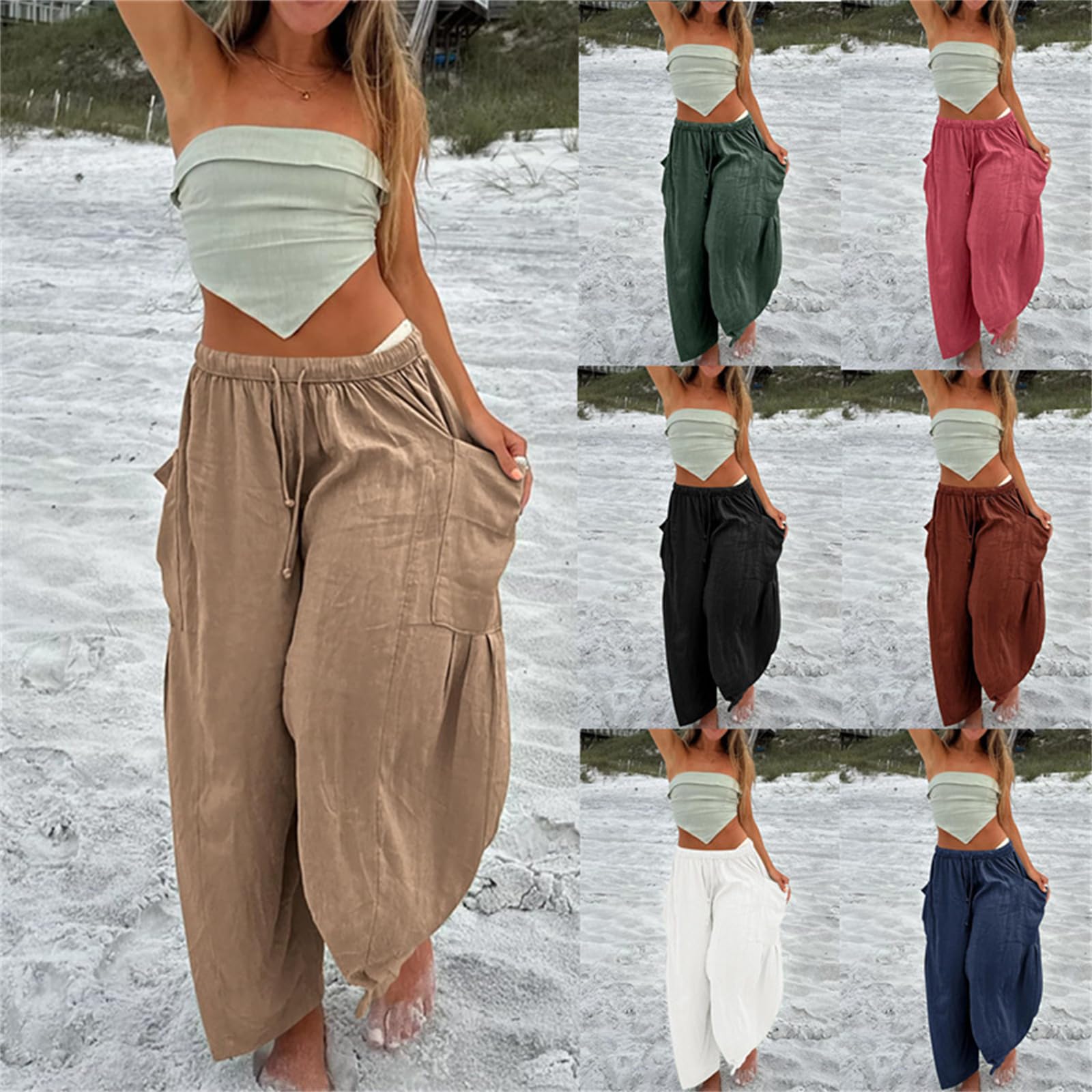 Pantalones Palazzo Anchos de Lino para Mujer, Estilo Casual, Holgados, con cordón Ajustable, Ideales para la Playa y el Verano