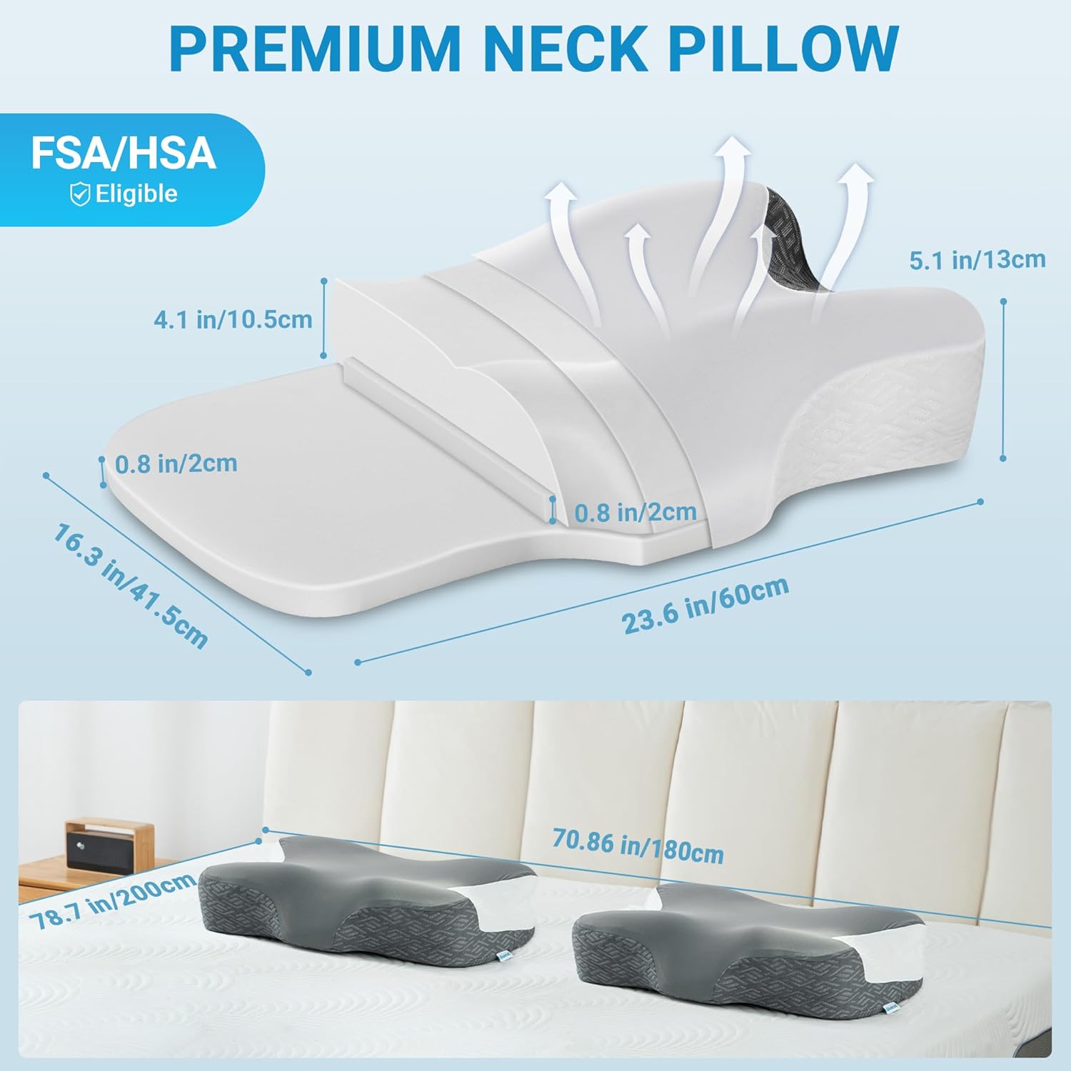 elviros cervical neck pillow for neck pain relief, cpap pillow for side, back & stomach sleepers, ergonomic orthopedic pillow for cpap users to reduce air leaks and mask pressure, white white 23.6"lx16.3"wx4.9/5.1"h