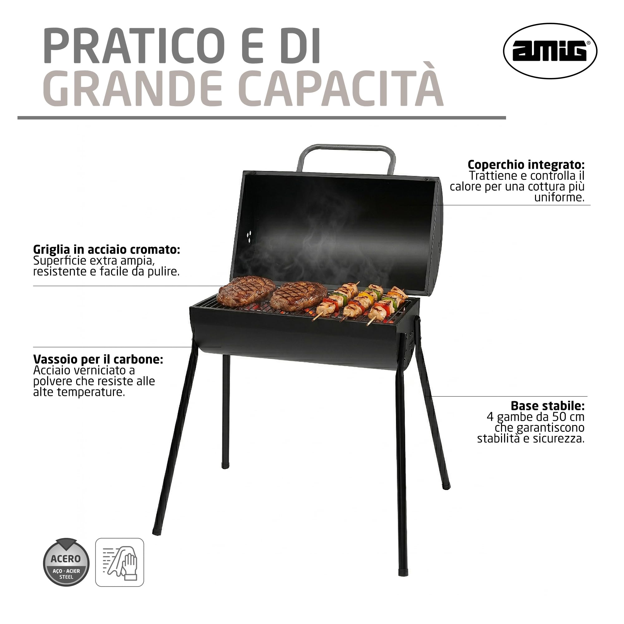 Amig - Barbecue a carbone - 83 x 58 x 84 cm - Nero - Realizzata in Acciaio - per giardino e patio con uso familiare e riunioni, montaggio semplice, pulizia comoda e qualità costante. Mod. KALDERA