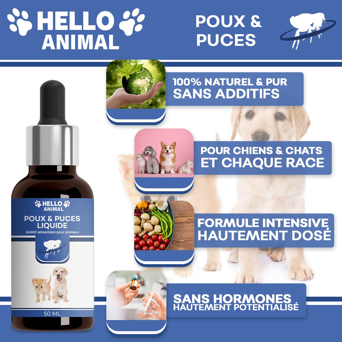 NOUVEAU : HelloAnimal POUX & PUCES Liquide pour chat et chien contre l’infestation parasitaire – combattre naturellement acariens poux & puces – EFFET IMMEDIAT ǀ 50 ml