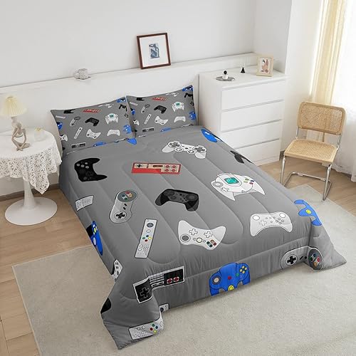 Miniatura 5 de Feelyou Juego de edredón de consola de videojuegos gris para niños y niñas, edredón de varios videojuegos, juego de edredón moderno con controlador