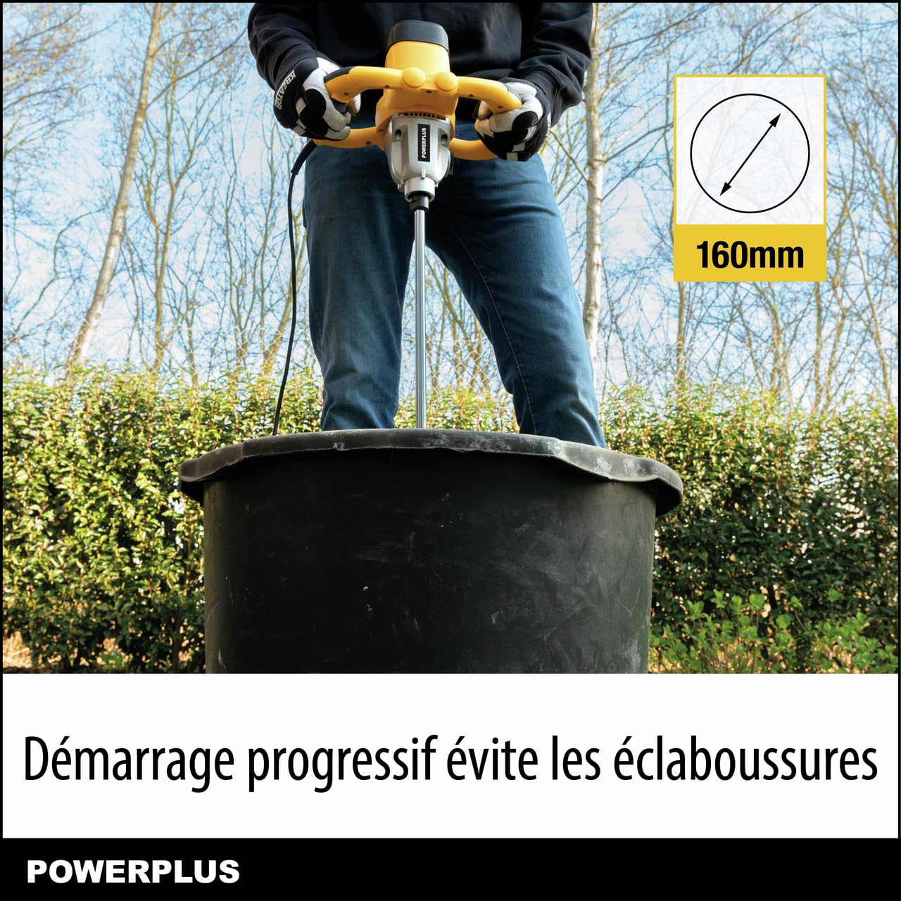 Powerplus Mélangeur à beton et peinture POWX0842-1600W, Vitesse de rotation 180 min-1-460 min-1