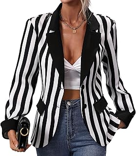 OBEEII Women's Black and White Striped Blazer Suit Notch Lap