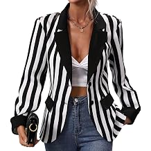 IBTOM CASTLE Womens Black White Stripes Blazers Casual Button Long Sleeve Jacket Halloween Work Business