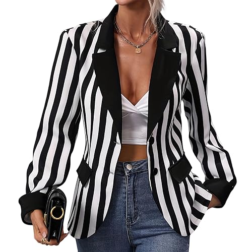 Black Blazer Jacket for Women Long Sleeve Single-Breasted Button Striped Blazers Business Office Blazer - Black Stripe - Large