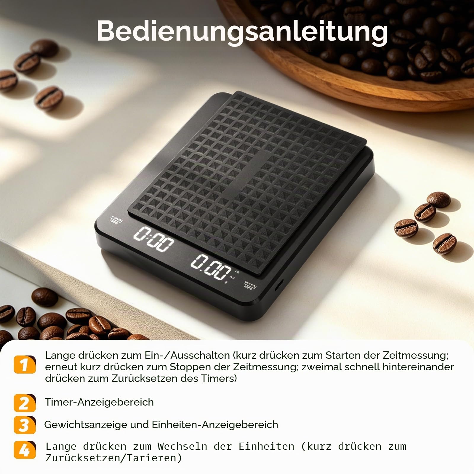 Kaffeewaage mit Timer, Digitale Espressowaage 0,1 g Präzision bis 3 kg, Coffee Scale mit Silikonmatte, USB-C Wiederaufladbar, Mini Barista Waage für Espresso, Pour Over und Küche