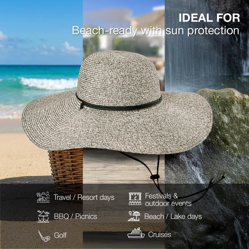 Marina Wide Brim Sun Hat for Women Straw-Style Lightweight Packable UV SPF 80 with Cord & Chin Strap