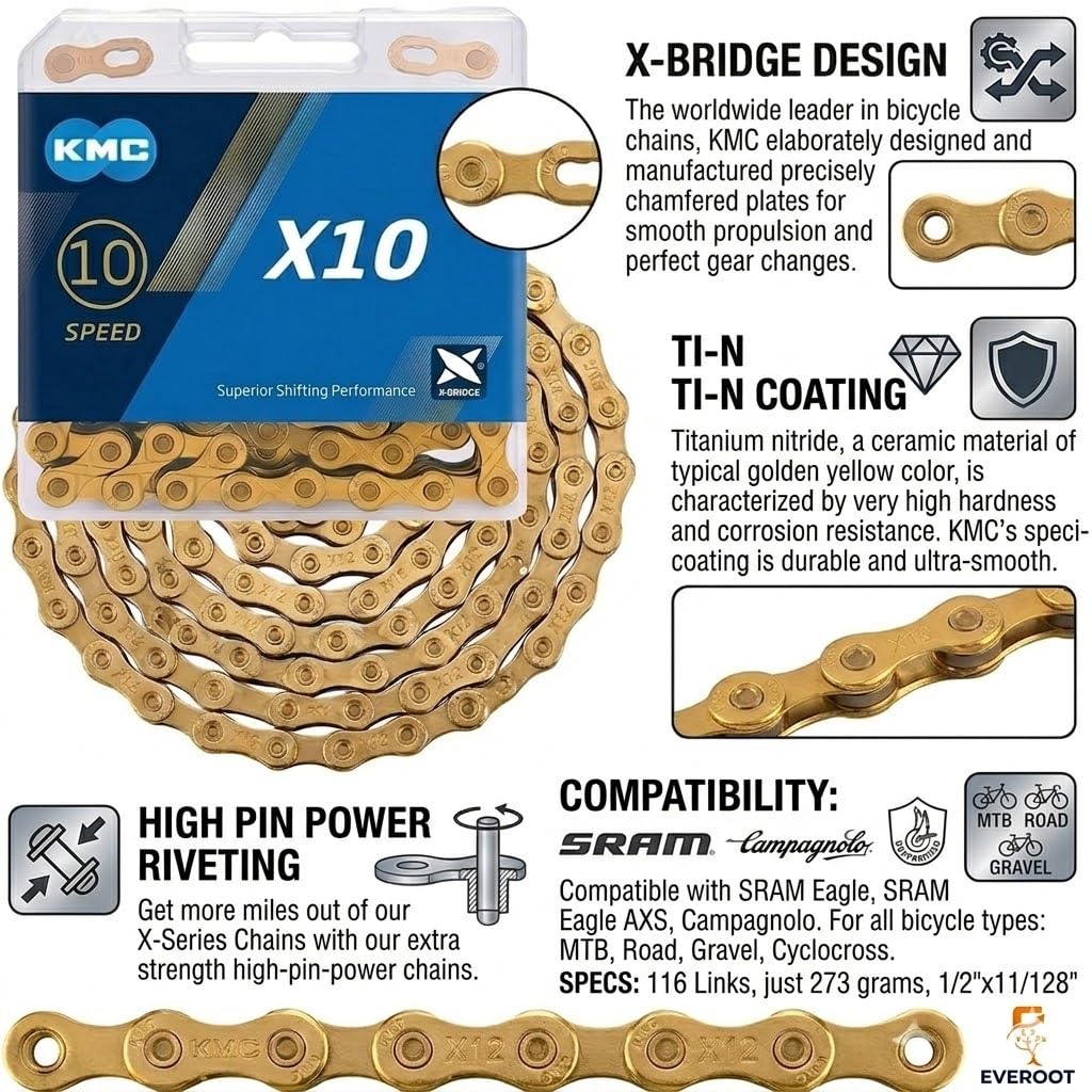 KMC X10 10-Speed X-Series Bicycle Chain | Compatible with Shimano, SRAM, Campagnolo and All Major Systems | Ti Gold