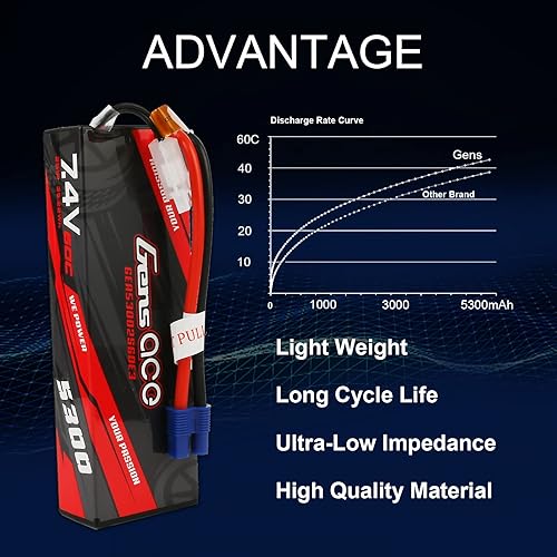 Miniatura 3 de Gens ace 2S Lipo Batería 7.4V 5300mAh 60C Lipo Batería Pack 24 # con EC3 Plug y Deans Adaptador para Coche RC