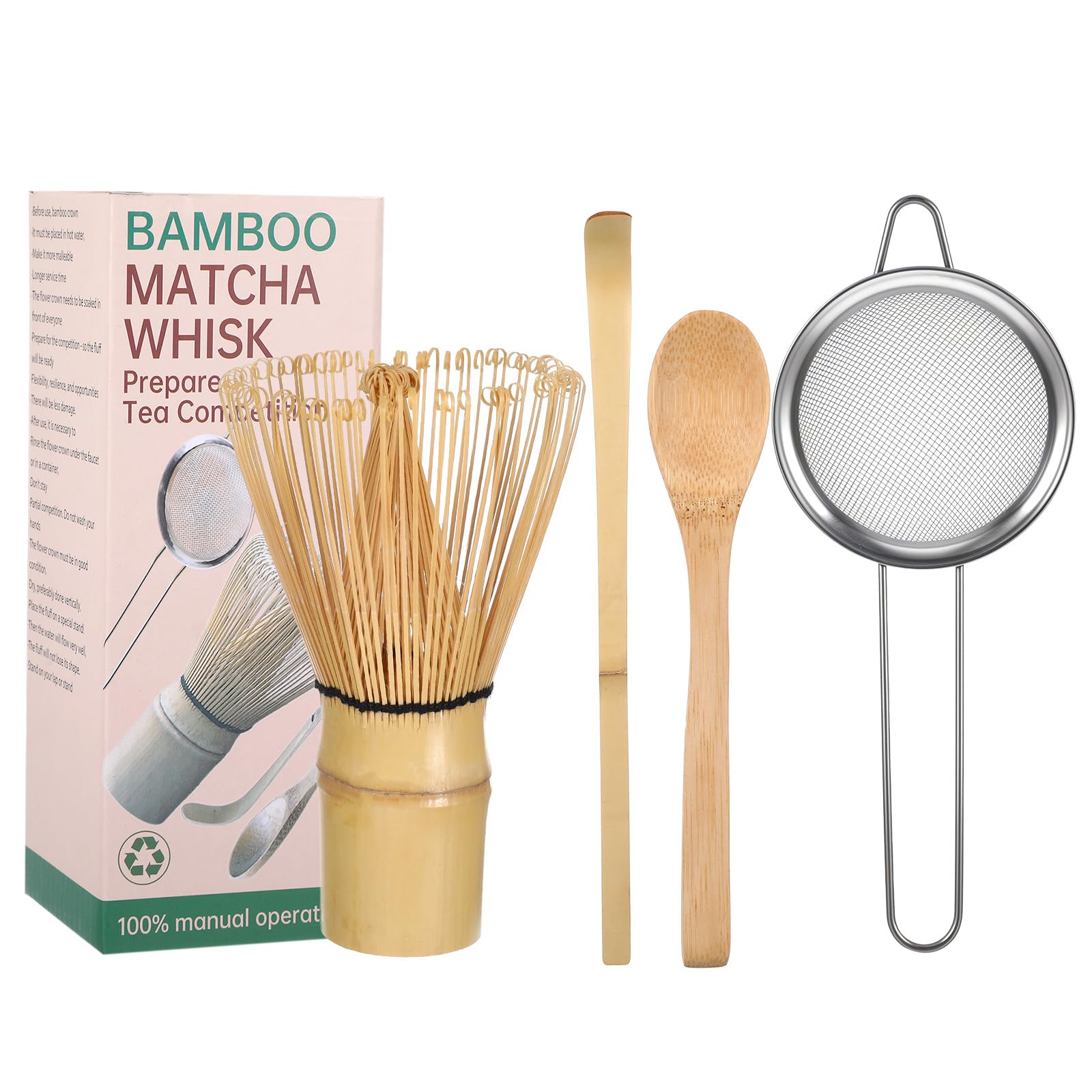 4Pcs Matcha Whisk Set, Traditional Matcha Starter Kit-Bamboo Matcha Whisk (Chasen), Traditional Scoop (Chashaku), Tea Spoon & Matcha Sifter Stainless Steel, Gifts for Tea Lovers