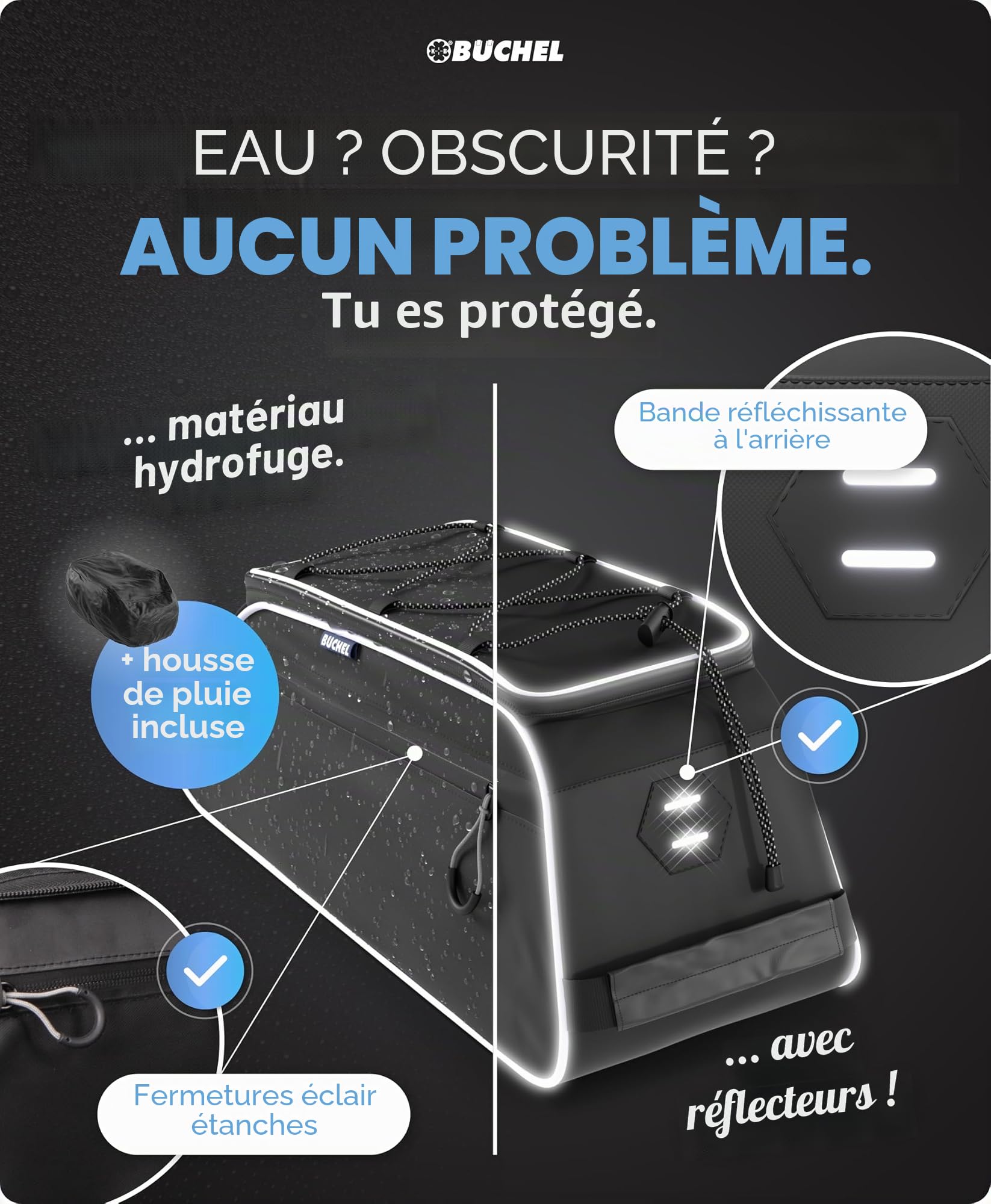 Büchel Sacoche de vélo pour Porte-Bagages - Sacoche de vélo étanche et réfléchissante avec Housse de Protection Contre la Pluie - Sacoche compacte avec Espace de Rangement Bien pensé pour vélos