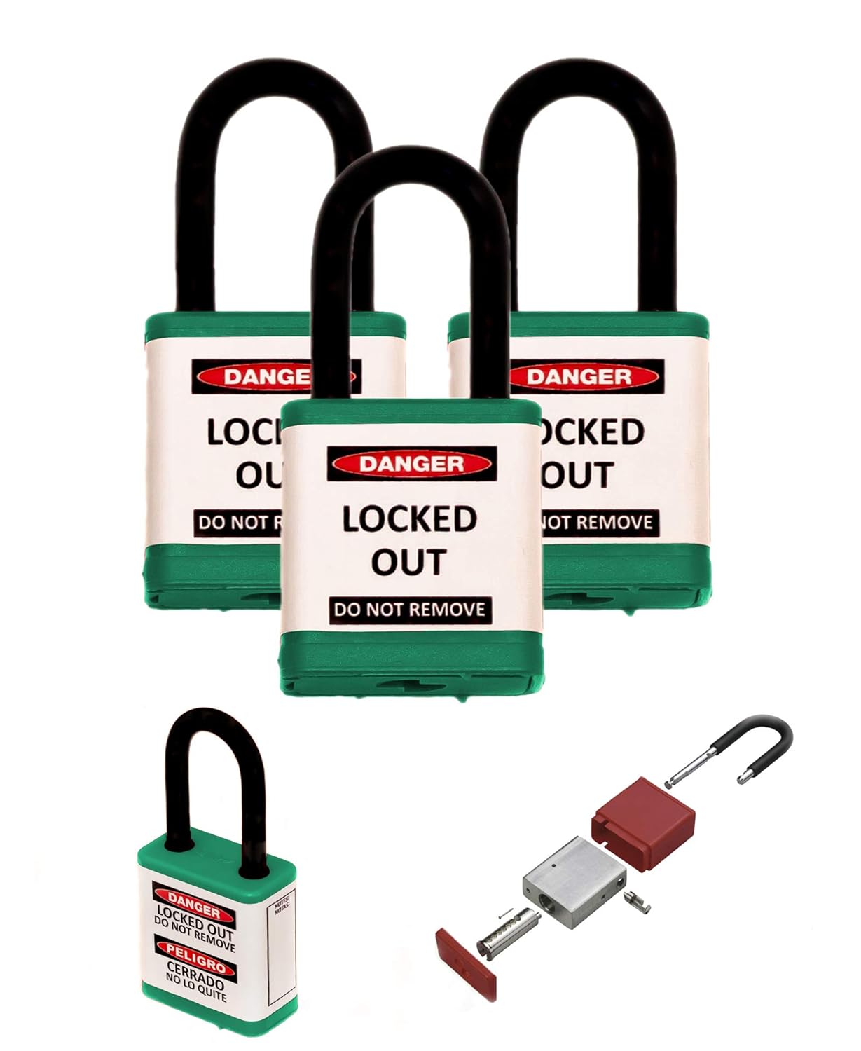 Zing Safety Padlock, Keyed Alike, Green, 1.5" Shackle, 3-Pack