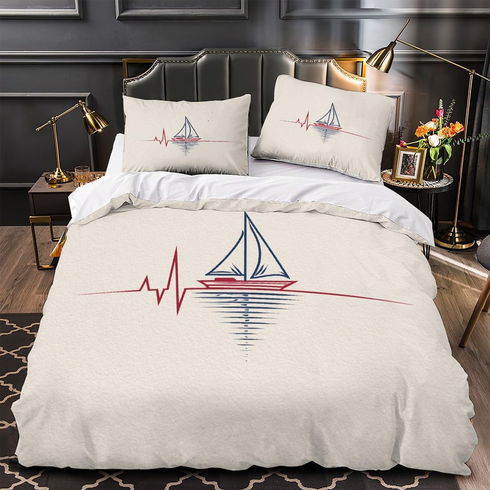 Sailboat Design Duvet Cover 3D Print Premium 3 Piece Bedding Set Hidden Zipper Bedroom Decor Nautical Line Quilt Cover Super Soft Machine Washable for Teens Adults Kids Girls Boys King（220x240cm）