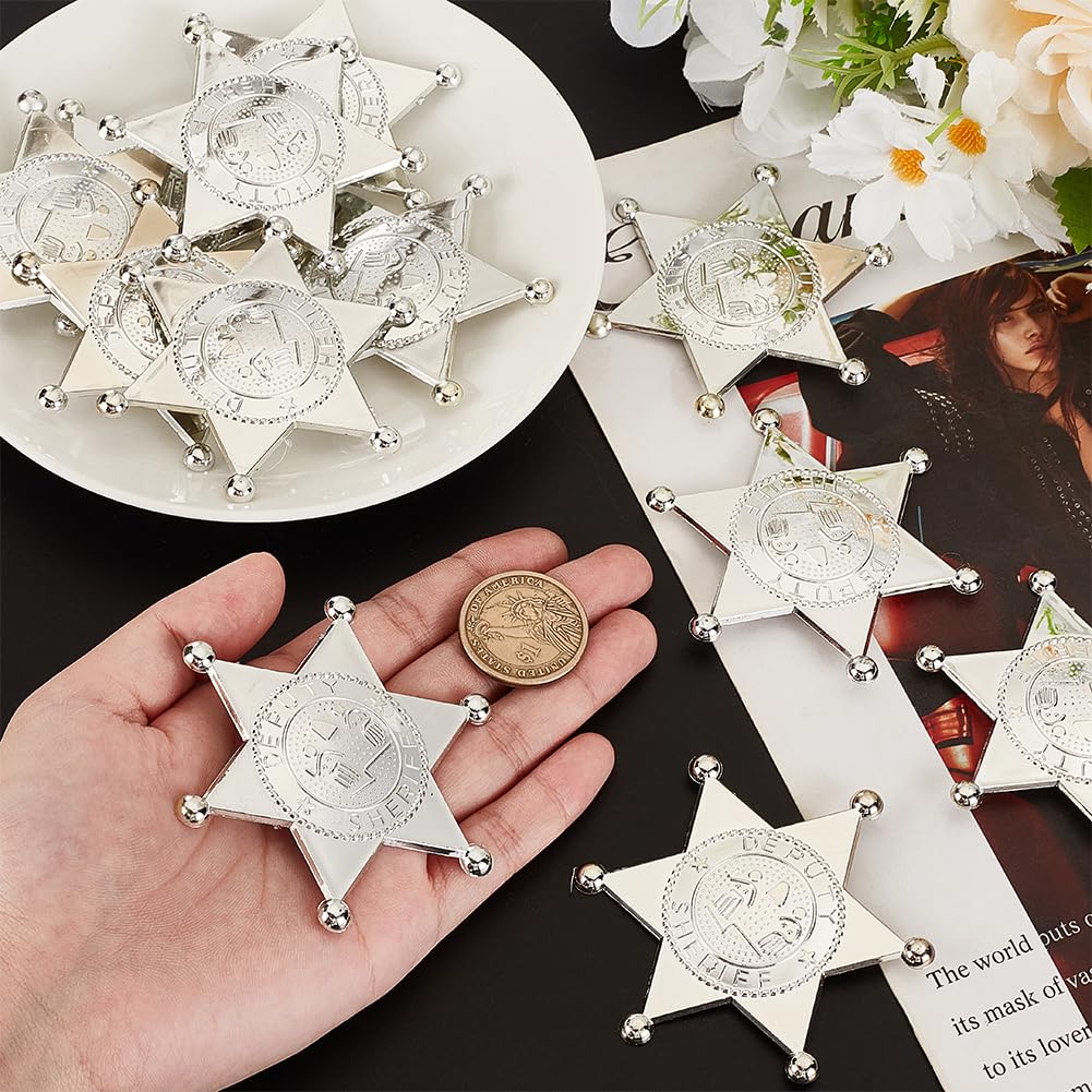 MAYJOYDIY 12Pcs Sliver Sheriff Badges Western Cop Star Deputy Badge Plastic Brooch Police Badges Pin Old West Prop Cowboy Party Decoration Badge for Cosplay Party Costume Play Props - Image 3