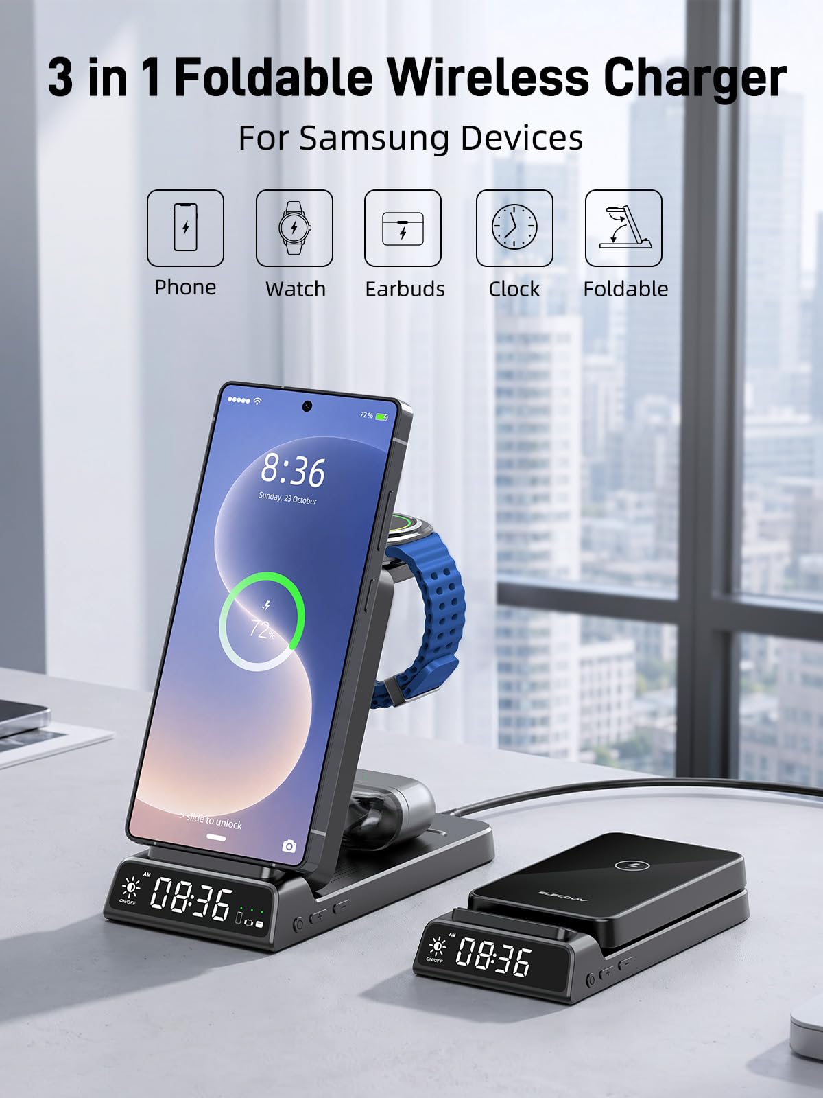 Bezprzewodowa ładowarka do stacji ładującej Samsung z zegarem do Samsung Galaxy S25 Ultra/S24/Flip 7/Bud, ładowarka do zegarka Samsung Galaxy Watch 8/7/6/5Pro, składana stacja ładująca 3 w 1 (czarna)