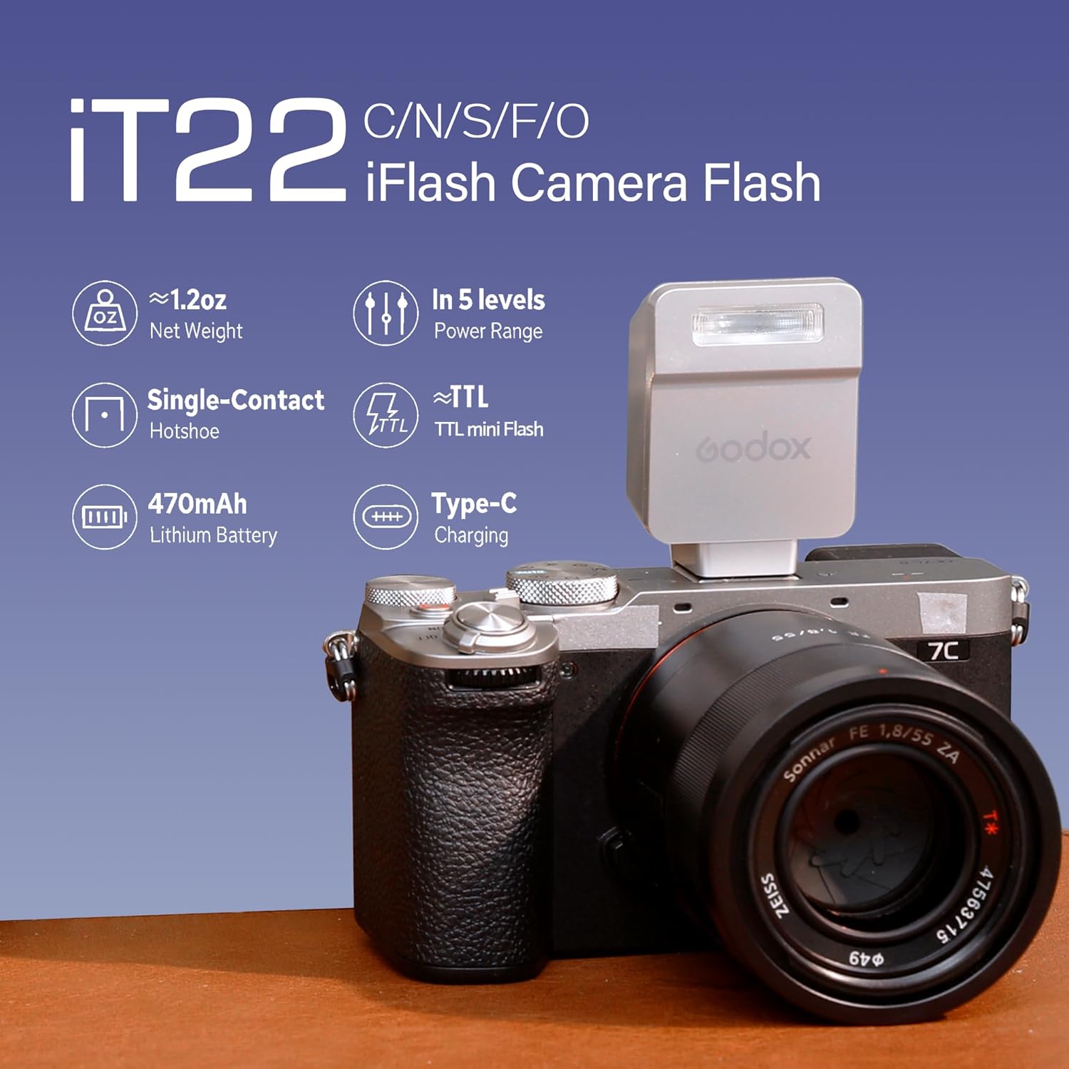 GODOX iT22S Mini Flash mounted on a Sony camera