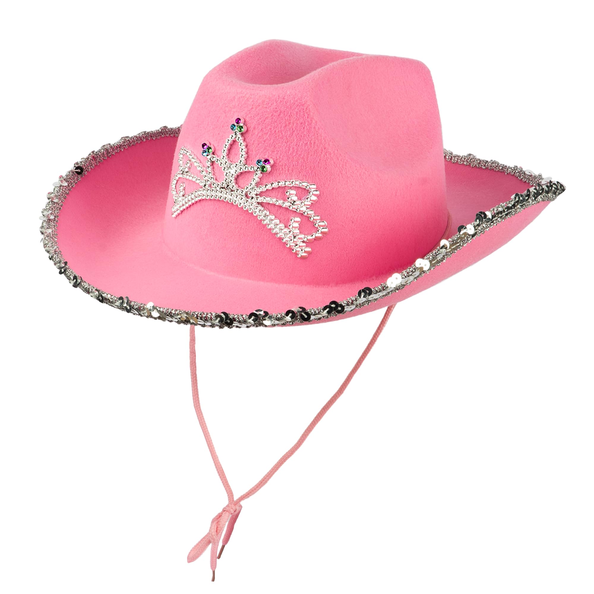 Navoys Pink Cowgirl Hat with Silver Tiara & Glitter Confetti Trim, Wide Brim