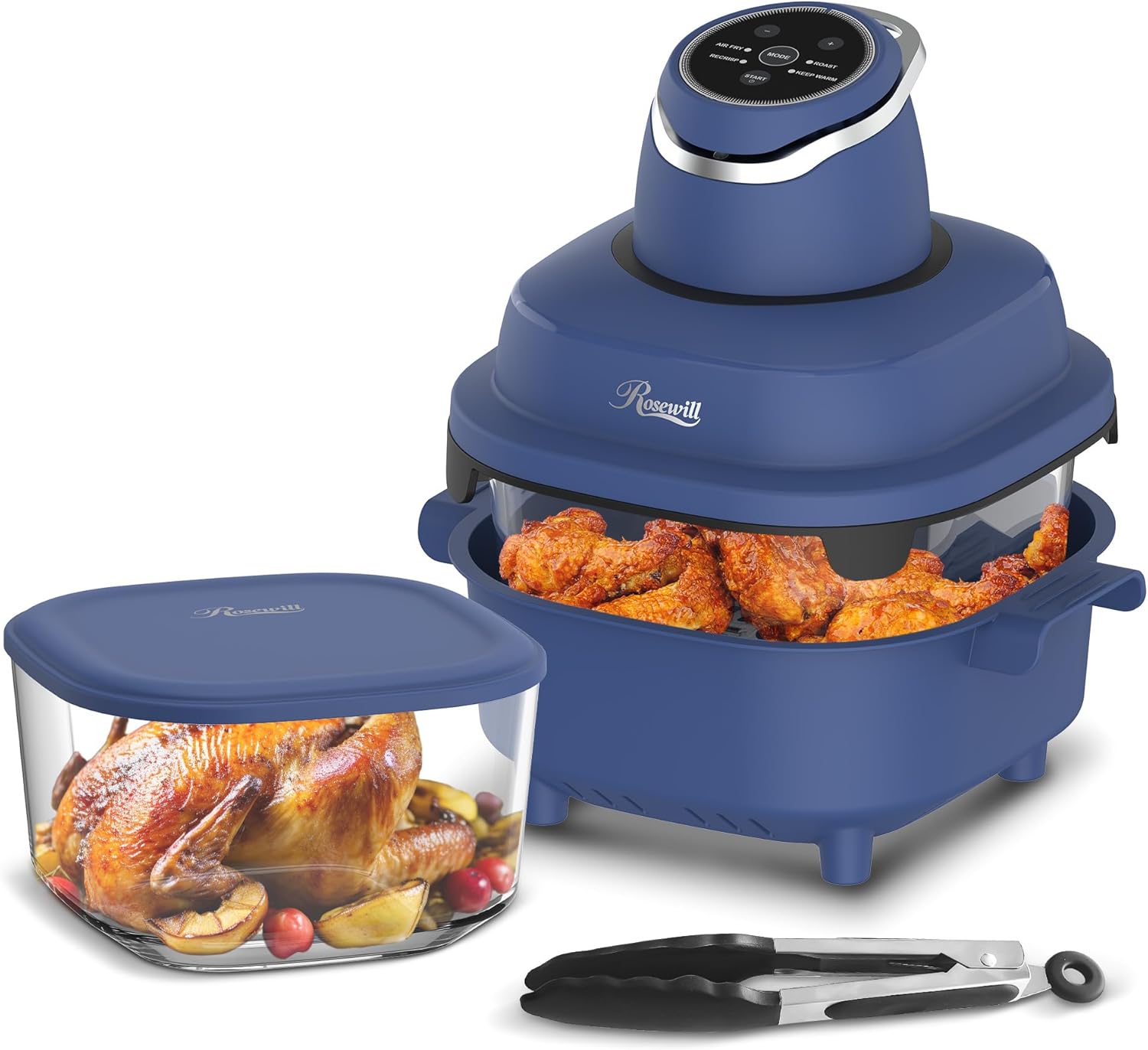 Rosewill 4-in-1 Portable Glass Air Fryer, 4.7QT Transparent Glass Cooking Pot with Storage Lid & Tongs, Compact Smart for Deep Roast, Recrisp, Keep Warm – Navy Blue