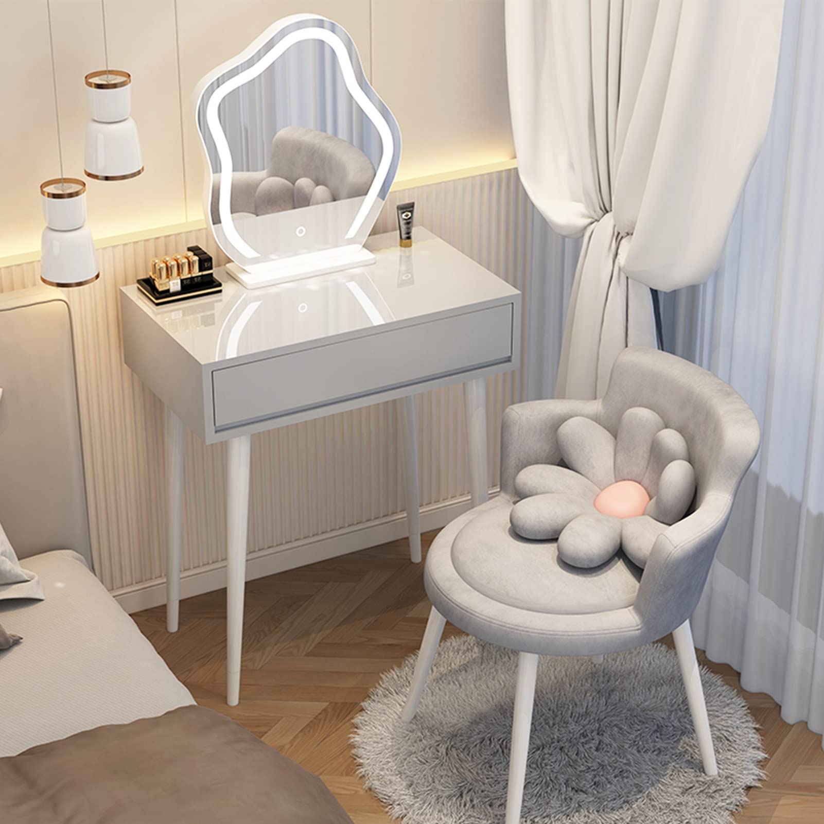 asdchZen Elegant Makeup Vanity Table With Led Lighted Mirror & Upholstered Stool, White & Grey Dressing Table For Bedroom, Spacious Drawers, 60Cm/23.6In,Grey B-60cm/23.6in