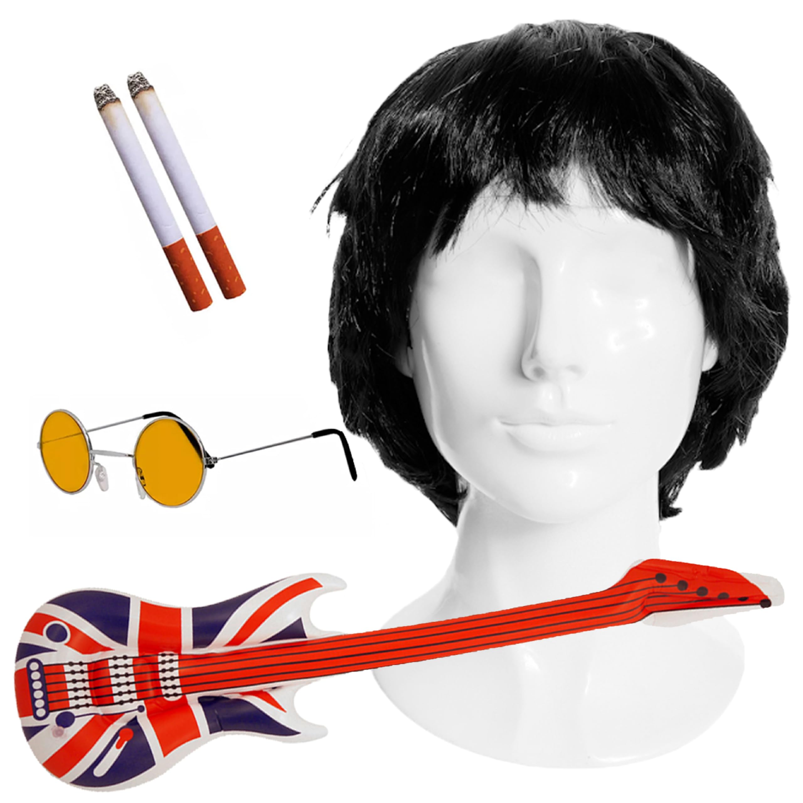Adults Rock Band Accessory Set - Black Wig, Round Blue Glasses, Inflatable Union Jack Guitar, Fake Cigarettes - Adults 6-Piece Music Best of British Fancy Dress Accessory Set