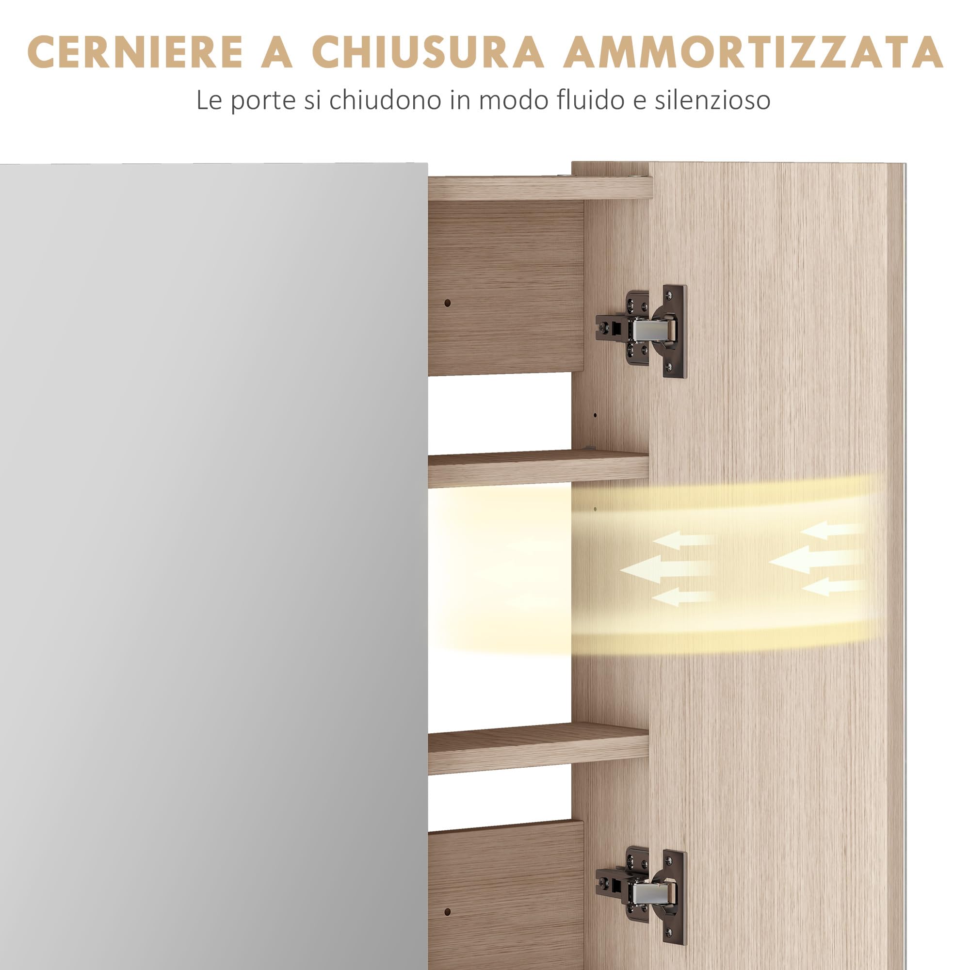 kleankin Specchio Bagno Contenitore con 3 Ante a Specchio Soft Close, Specchiera Bagno con Ripiani Regolabili in Legno e Vetro, 90x13.5x60 cm, Color Legno