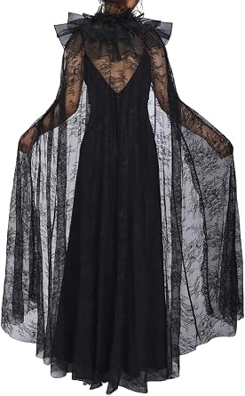 GORAIS Lace Long Cloak Black Halloween Costumes Cape Full Length Cosplay Sheer Capes for Women