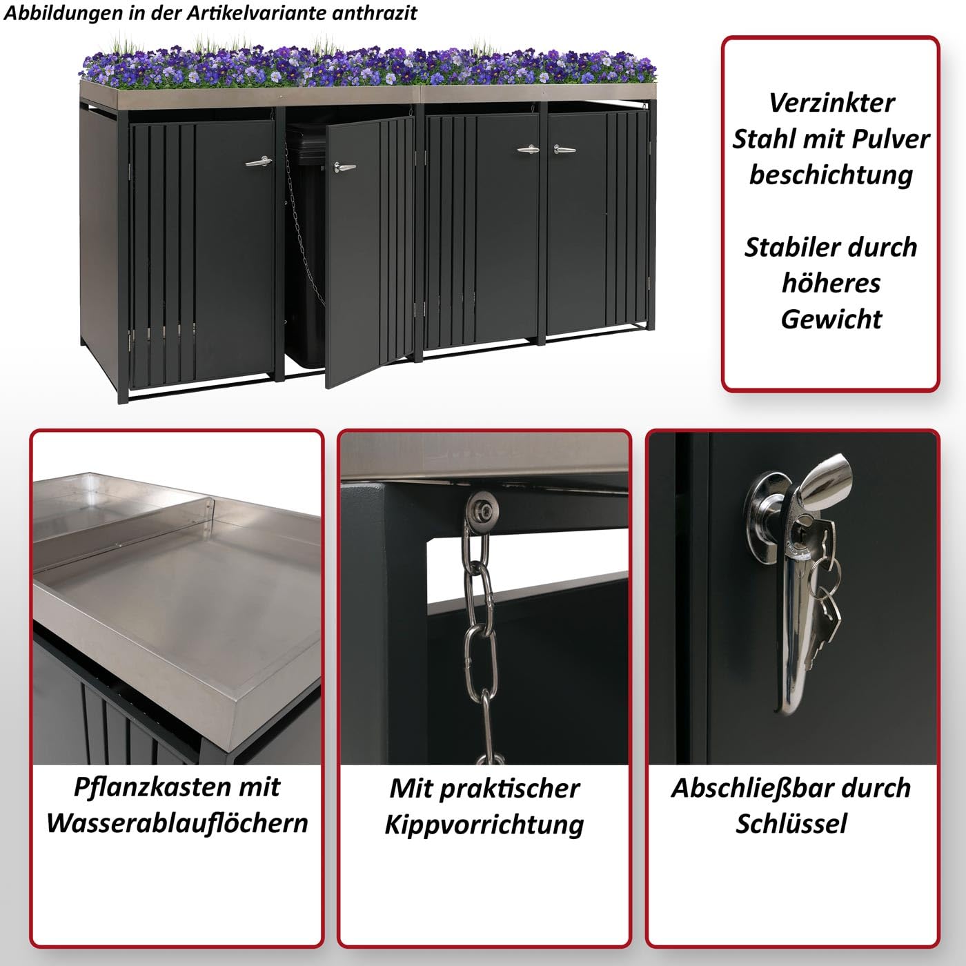 Mendler 4-częściowy pokrowiec na śmieci HWC-O67 – antracyt stal szlachetna | Pojemnik na śmieci, ze skrzynką na rośliny, metalowy, 125 x 260 x 84 cm, 95 kg
