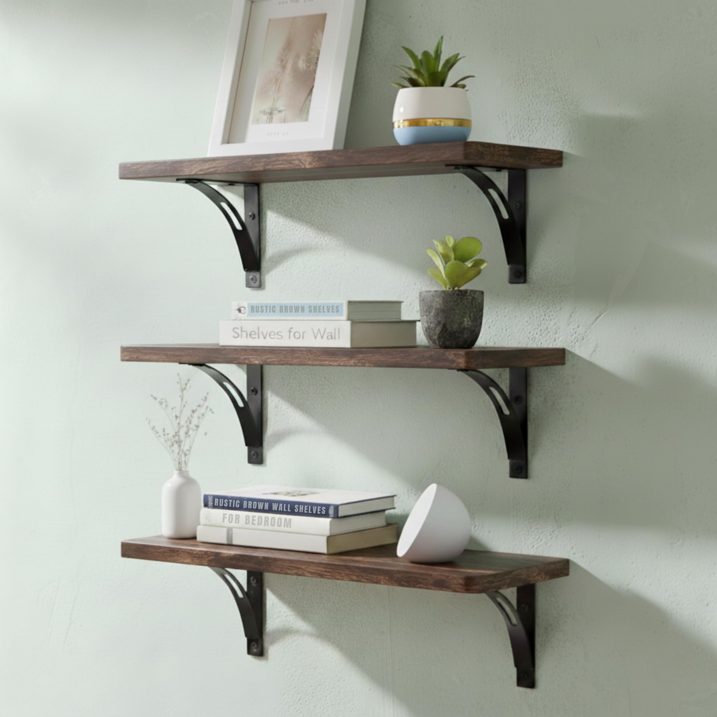 Willowy Reinforced Steel Bracket Rustic Brown Shelves - Easy to Install, Template and Video Included - Deep Large Wall Shelves for Bedroom, Open