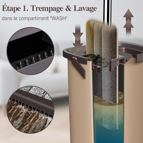 MASTERTOP Serpillière Seau Essoreur, Balai Serpillière Microfibre Rotatif 360° et Seau Auto-Lavage, Vadrouille de Mains Libre pour Nettoyage de Sol, avec 6 Serpillières Réutilisables (Beige) - 2