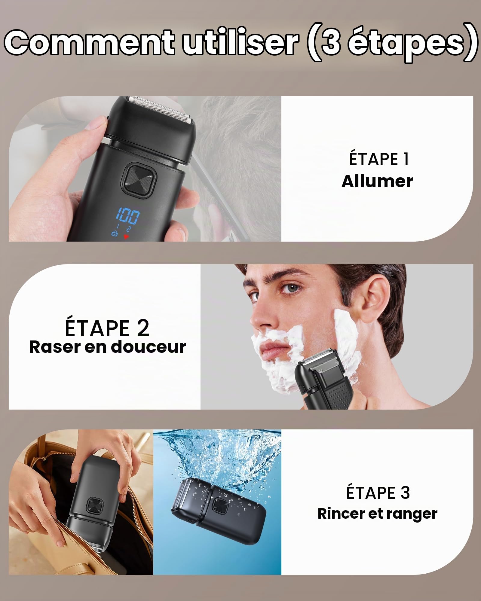Rasoir Électrique Homme, Foil Shaver, Double Grille Flexible, IPX6 Étanche, 2 Vitesses, Écran LED, Recharge USB, Rasage Wet & Dry, Rasoir Barbe Portable avec Verrouillage Voyage