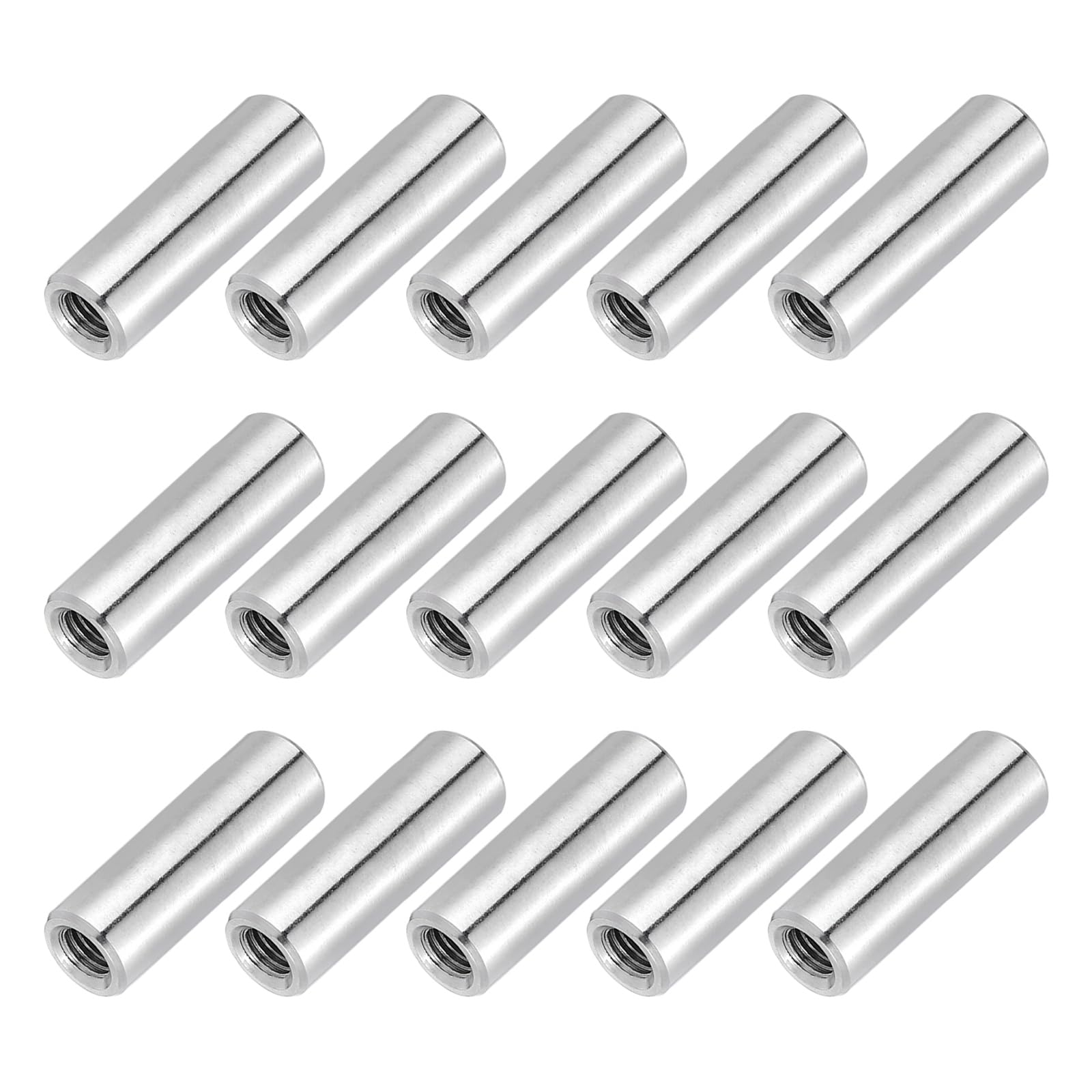 PATIKIL M6x1mm Pitch 304 Stainless Steel Round Coupling Nuts, 15 Pcs 30mm / 1.18" Length Metric Coarse Thread Connector Sleeve Rod Bar Stud Fully Threaded Nut Fasteners, Silver Tone โ image 1