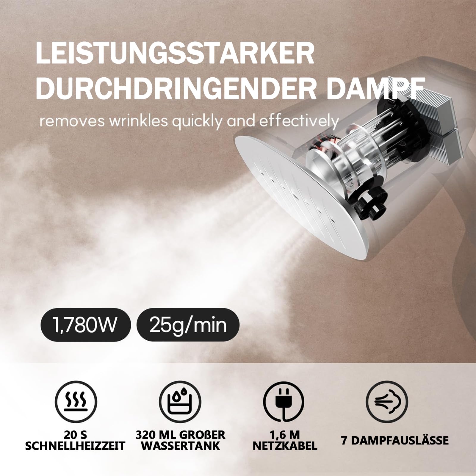 OKYUK Dampfglätter 1800W, Tragbarer Steamer für Kleidung, 320ml Wassertank, Schnellaufheizung, Dampfbügeleisen inkl. 2 Bürsten, Ideal für Reise & Zuhause, Faltenentferner gegen Bakterien(Weiß)