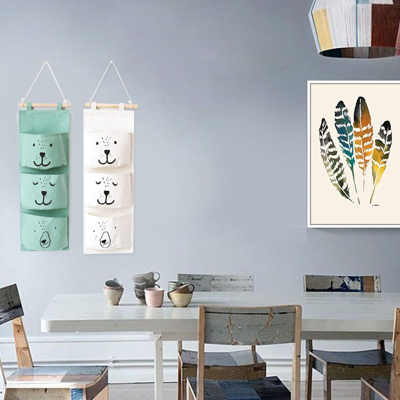 Sunshine smile Borsa parete,Borsa portaoggetti da appendere,Organizer appendere,Borsa appesa,3 Tasche Portaoggetti,Borse appenderes in tessuto,Tasche Portaoggetti (Bianco + grigio)