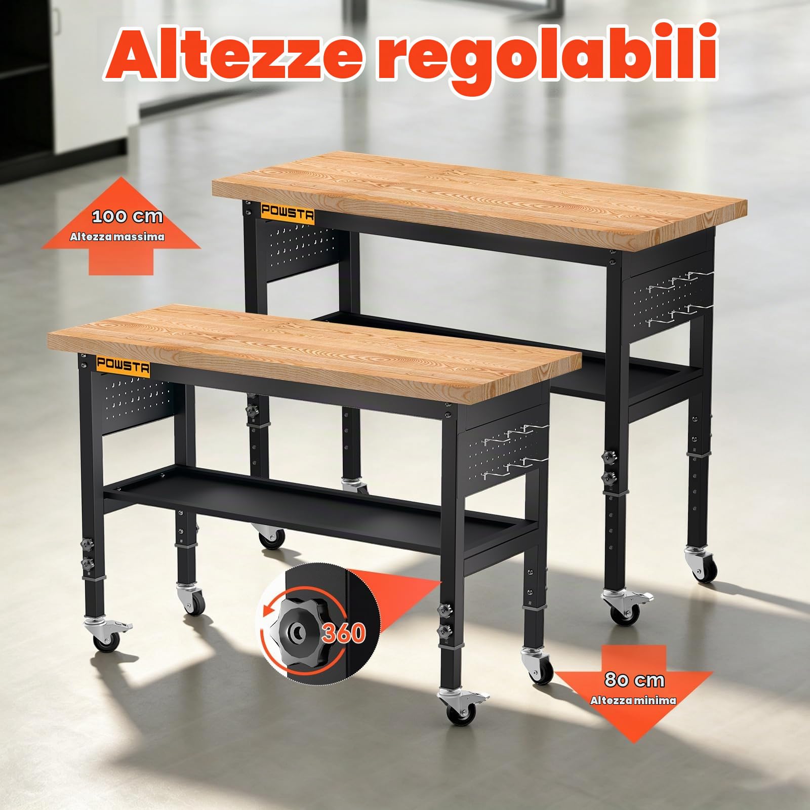 Banco da lavoro da 120 cm, tavolo da lavoro a 2 ripiani, portata 900 kg | 5 altezze regolabili, con pannello forato, ruote girevoli e 6 ganci per garage/officina/ufficio/casa/uso commerciale