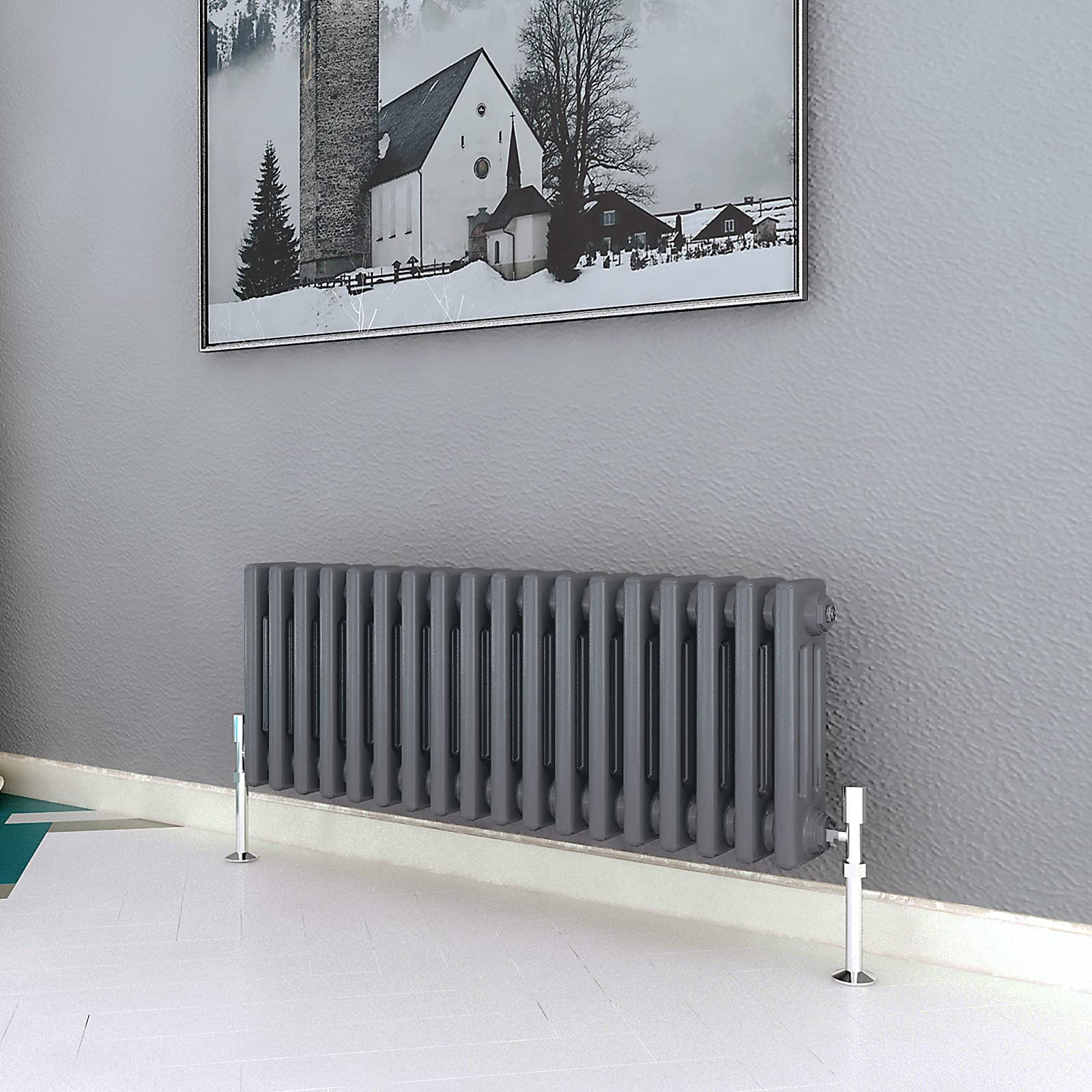Acezanble∣3 Column Radiator, Horizontal 300mm Anthracite Wide Low Cast Iron Style Radiator Centre Heating for Window Hallway — image 1