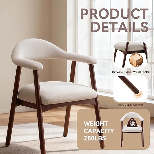 Miniatura 4 de Juego de 4 sillas de comedor de madera con reposabrazos, silla de comedor tapizada de tela moderna con respaldo curvado y patas de madera, cómodas
