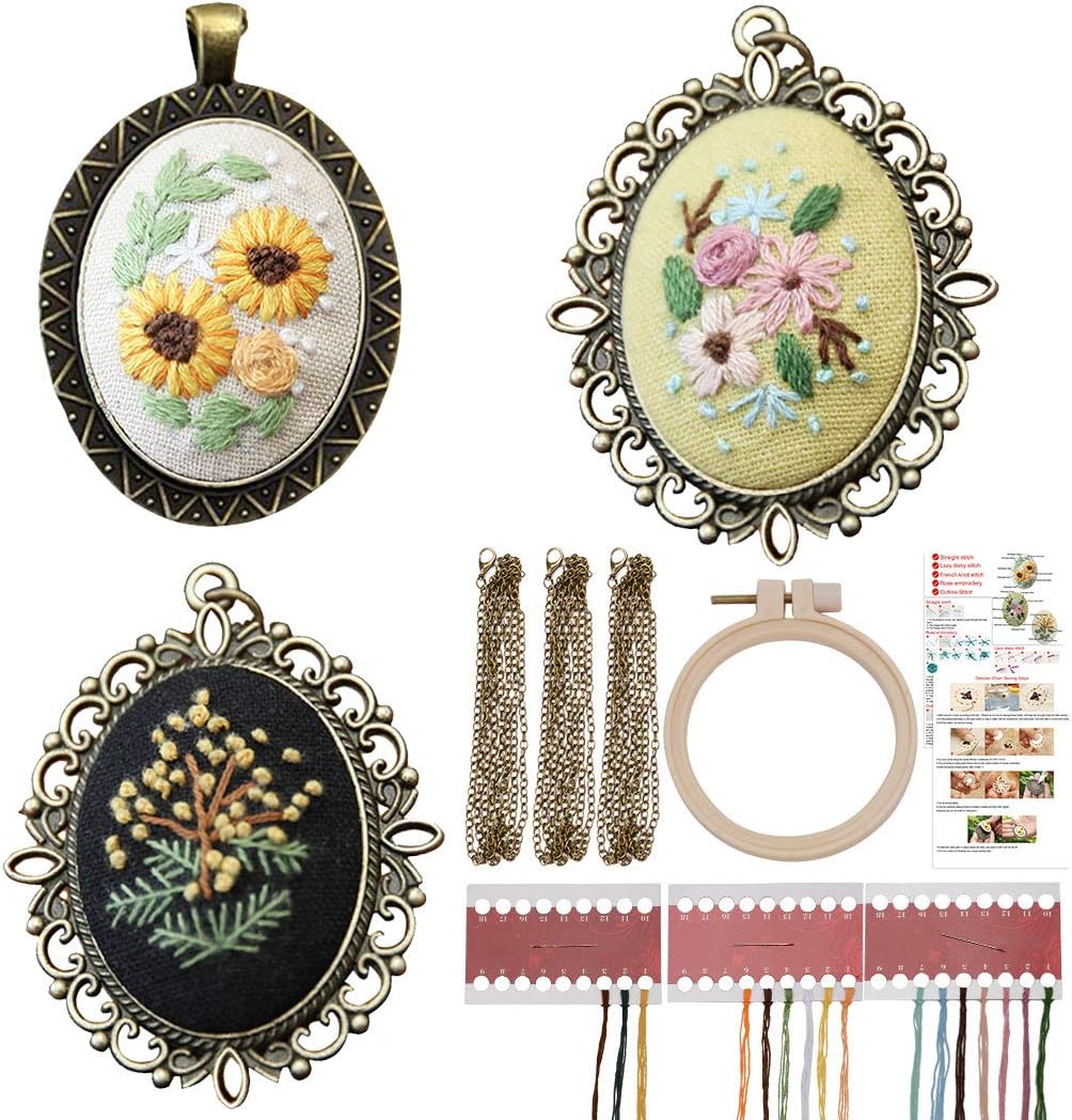 Beginners Pendant Necklace Embroidery Kit : Outgeek 3PCS Stitching Embroidery Necklace Starter Set Sewing Floral Plate Jewelry Necklace for Art Crafts Sewing